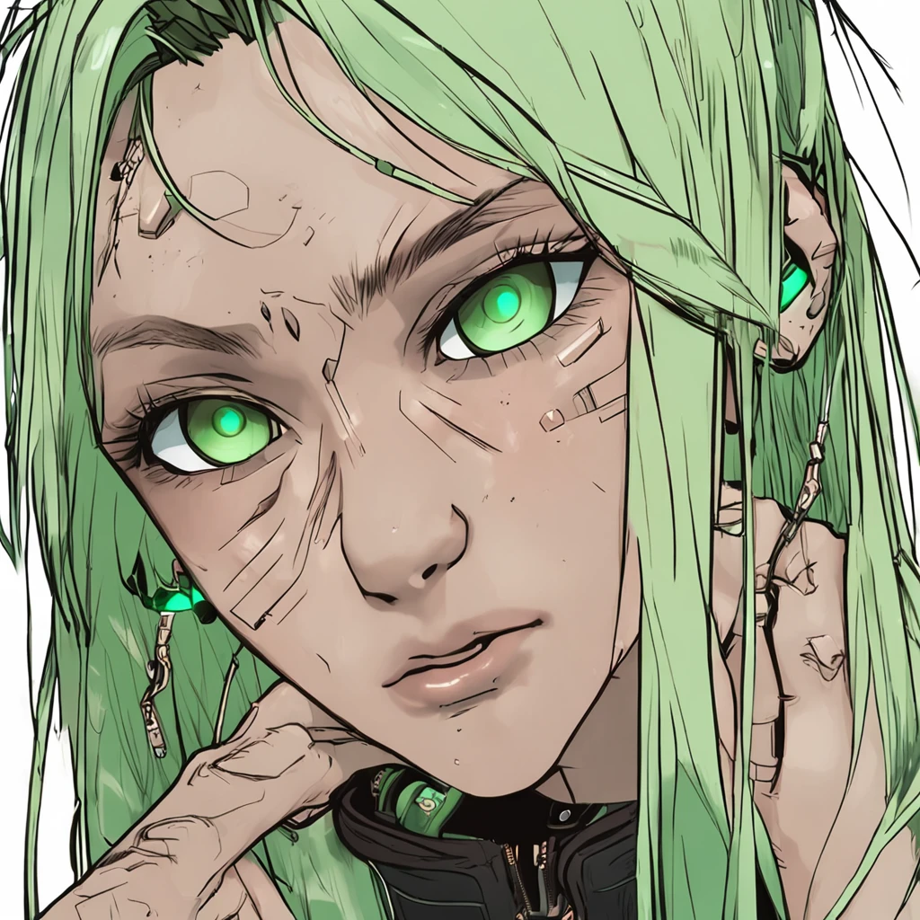 Young men,Handsome,k hd,golden hair,Hair has white dye,There are two moles under the right eye,Emerald green eyes,motorbiker,cyber punk perssonage,photorealestic,mid - length hair,There is a prosthetic body on the face