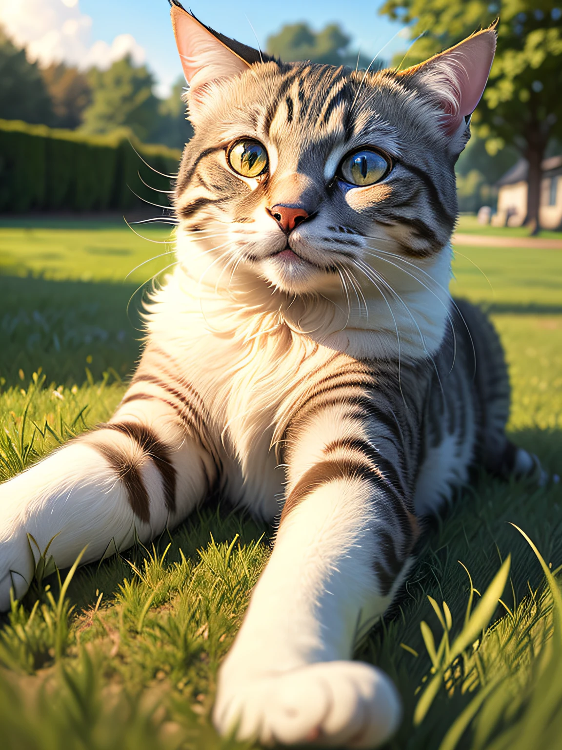 A cat lies on the lawn,rays of sunshine