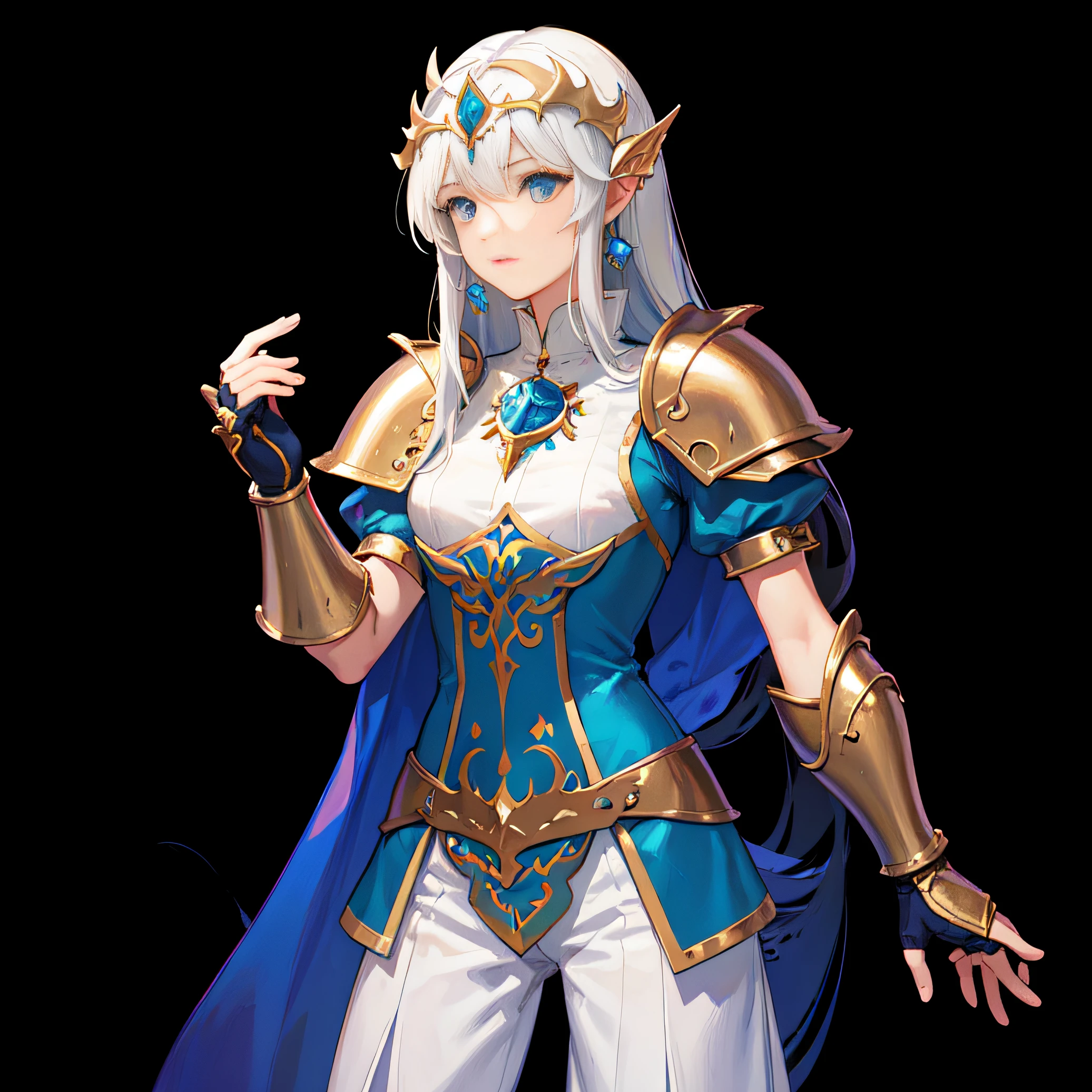 Una mujer con una capa azul y pantalones blancos sosteniendo una espada, Natalie de Epic Battle Fantasy, Personaje JRPG, Caballero Princesa Elfo, Arte de personajes JRPG, portrait knights of zodiac girl, pretty female cleric, female paladin, female cleric, lady palutena, portrait of female paladin, in opal armor, Retrato Caballero Femenino, Retrato RPG de cuerpo completo