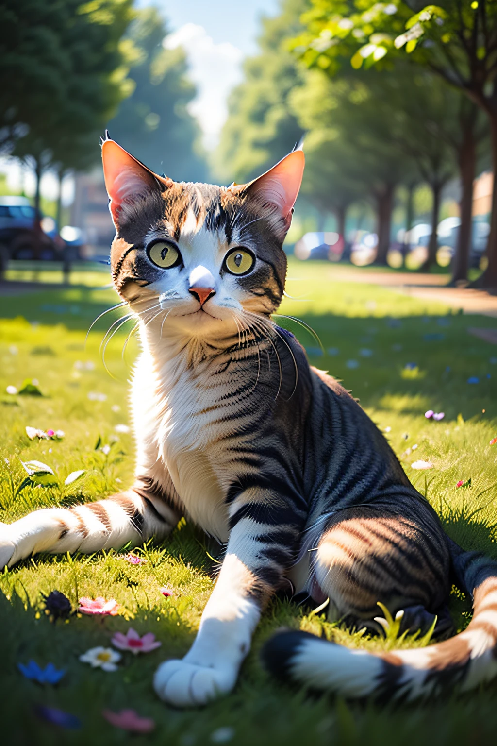 (A cat lying on the lawn:0.8),rays of sunshine,parks