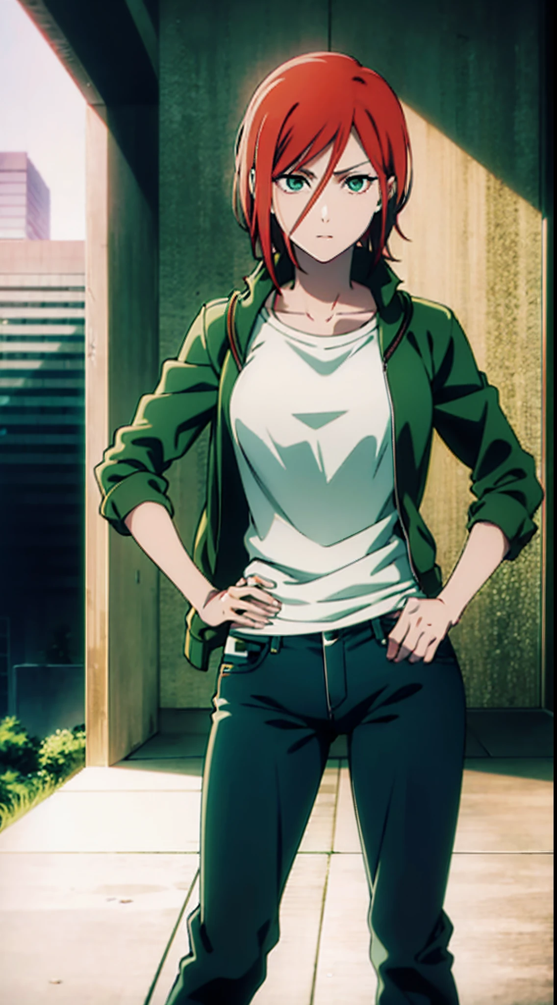 (masterpiece), (best quality), 1girl, red hair, short hair, green eyes, zip top, jacket, jeans, arms and hands on hips, straight pose, (style of bleach and chainsaw man), Rukia Kuchikii, Makima