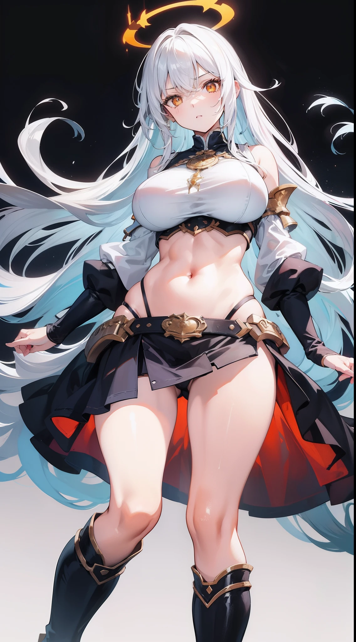 Adult woman, Long white hair, Orange Eyes, big breastes, open breasts, open belly, blue tight top, Iron sleeves, Iron boots, open thighs, brawn, anger, Masterpiece, hiquality