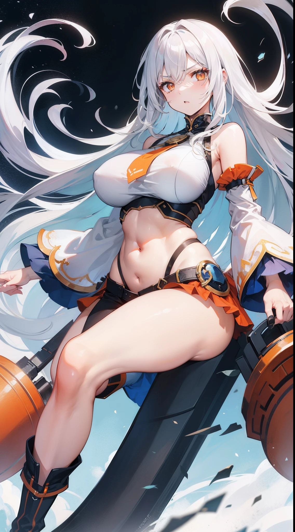 Adult woman, Long white hair, Orange Eyes, big breastes, open breasts, open belly, blue tight top, Iron sleeves, Iron boots, open thighs, brawn, anger, Masterpiece, hiquality