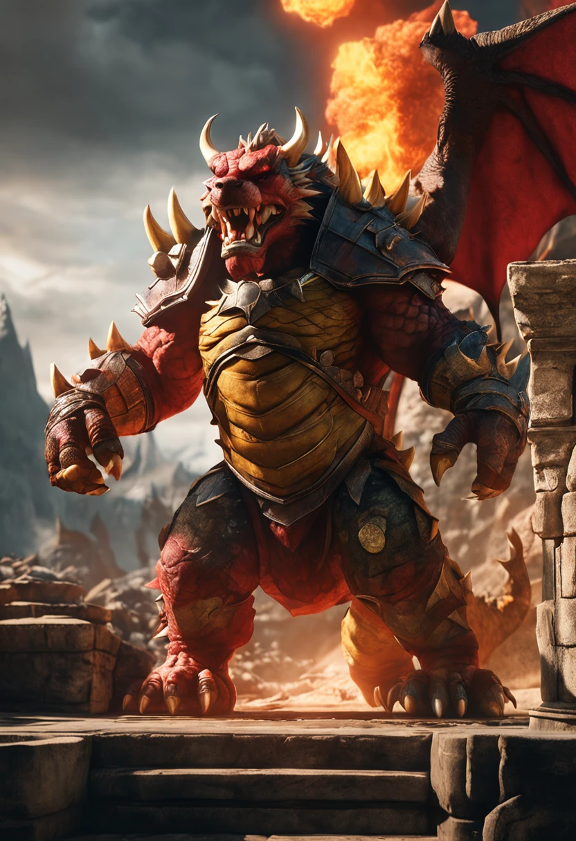(Quality: best quality, High- sharpness+ high detal), (The subject: Bowser), (depiction: Bowser in real life, With realism), (angle of view: ssee-through/Elevation viewing angle), (illumination: Bright sunshine), (enviroment: Castle interior or exterior scenes), (ciri: scaled armor, Prickly skin, Strong body), (expressioness: Glaring), (action: Roar or raise huge paws), (Background with: Flamethrowing or lava flow), (Ambient: Majesty or terror), (colours: Dark red or black)