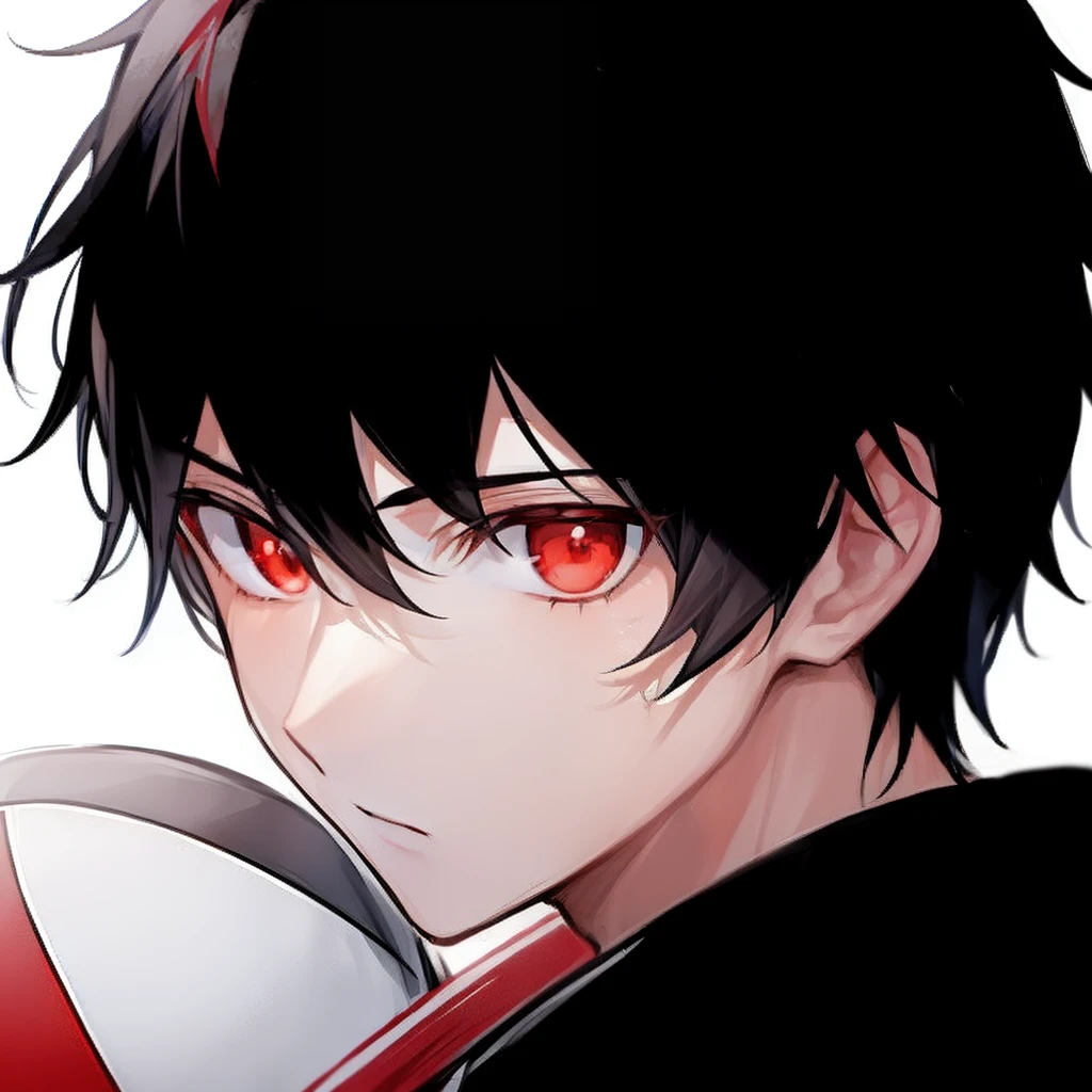 1 boy, black hair, red eyes, volleyball jersey