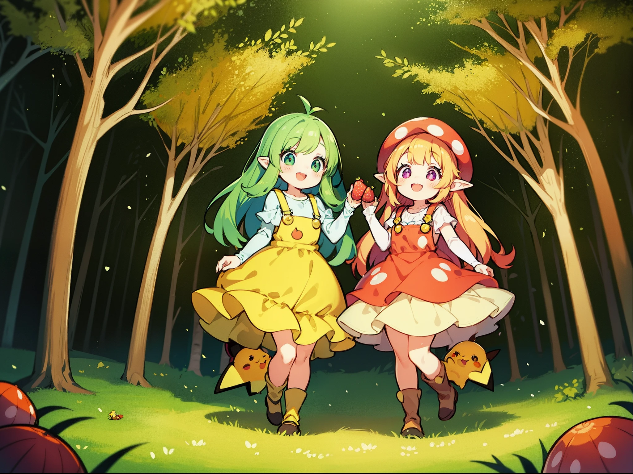 Two happy girls in a fairytale forest, full body photographed, Laughs, round face, in multi-colored overalls, autumn, shrooms, Berries. big eyes, long eyelashes. Leshy, Hayao Miyazaki, Forest Spirits, Pikachu, Other small animals. bright colours, Fairytale Forest, fairytale