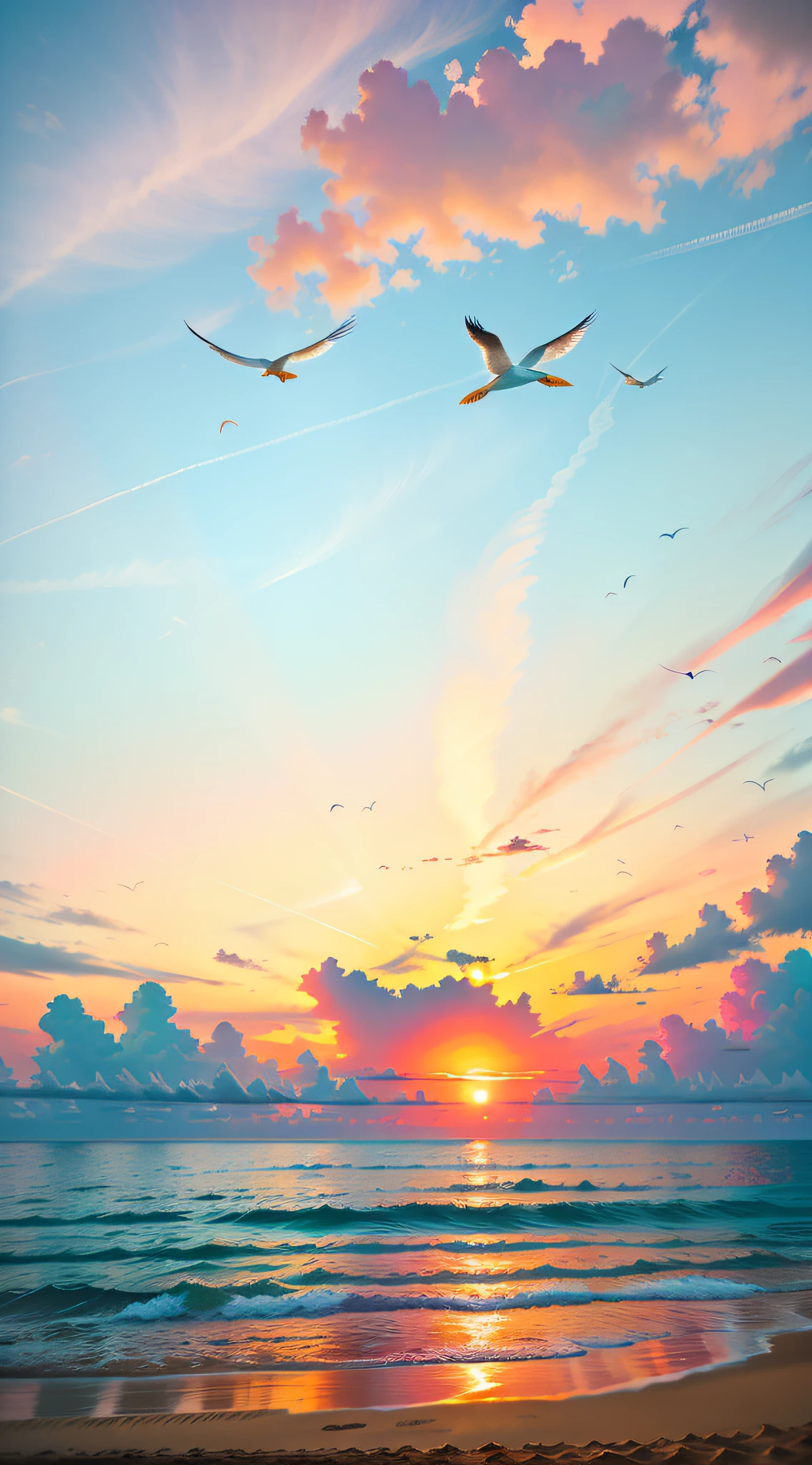 Oranges, pinks and yellows blend together to fill the sky, and the sunset over the beach is truly mesmerizing. The crystal clear waters gently kiss the coast, and the white sand beach stretches out endlessly. It's a dynamic and breathtaking scene with seagulls soaring high into the sky and palm trees gently swaying. Take in the calm atmosphere and peace will wash you away.