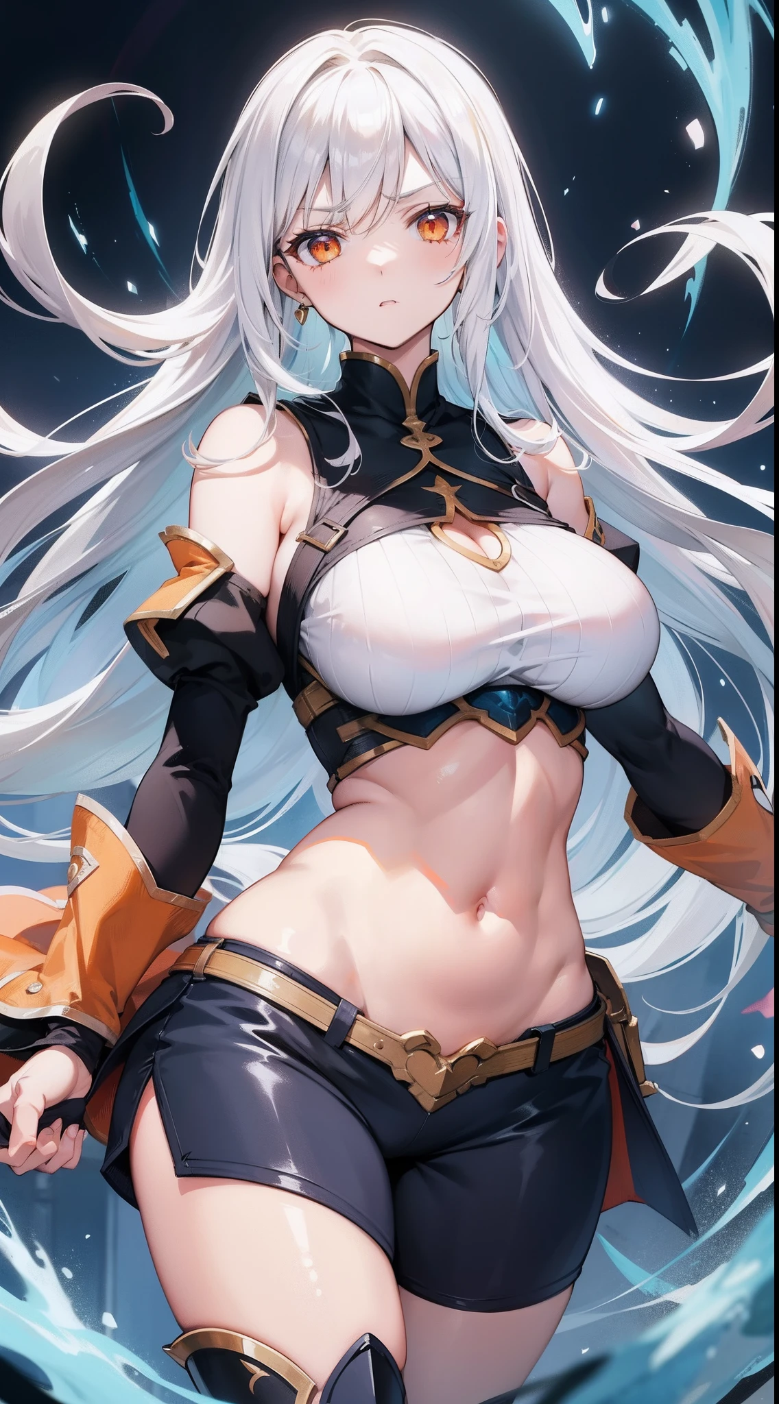 Adult woman, Long white hair, Orange Eyes, big breastes, open breasts, open belly, blue tight top, Iron sleeves, Iron boots, open thighs, brawn, anger, Masterpiece, hiquality