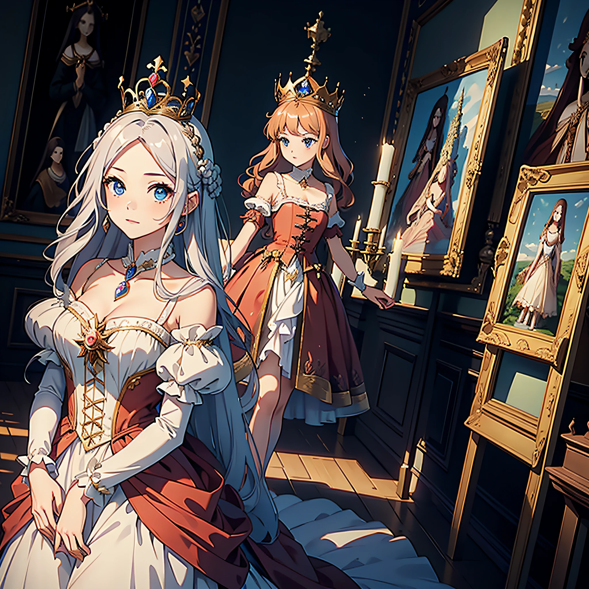 Renaissance princess in princess dress and、Renaissance castle crown with paintings and sculptures. (styles: renaissance)