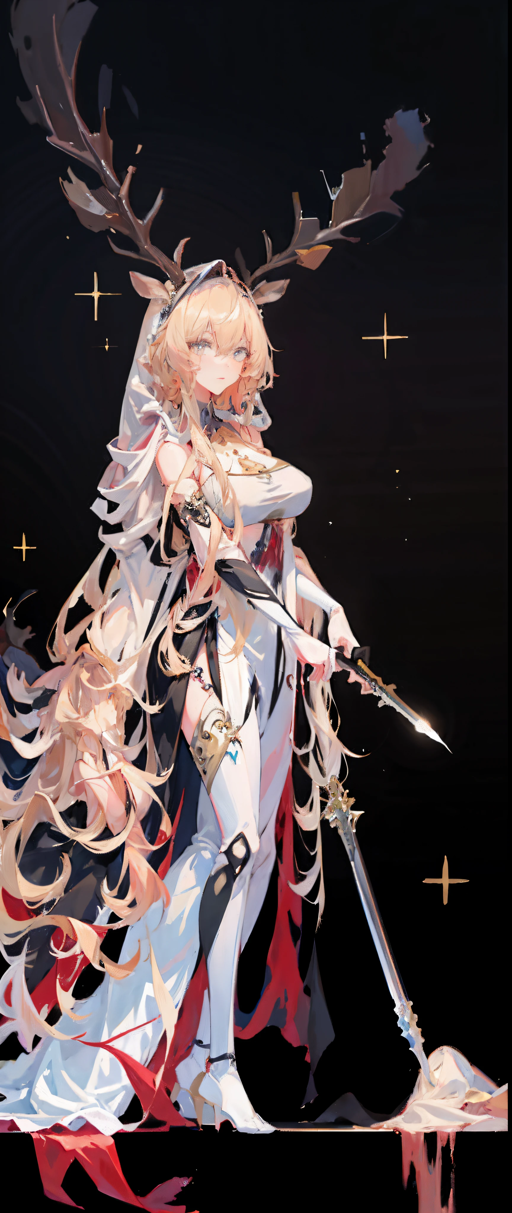 tmasterpiece,Drawing an anthropomorphic female deer girl in a long dress holding a sword, flowing hair and long robes, by Yang J, Beautiful character painting,anime big breast,delicated face,Exquisitehands