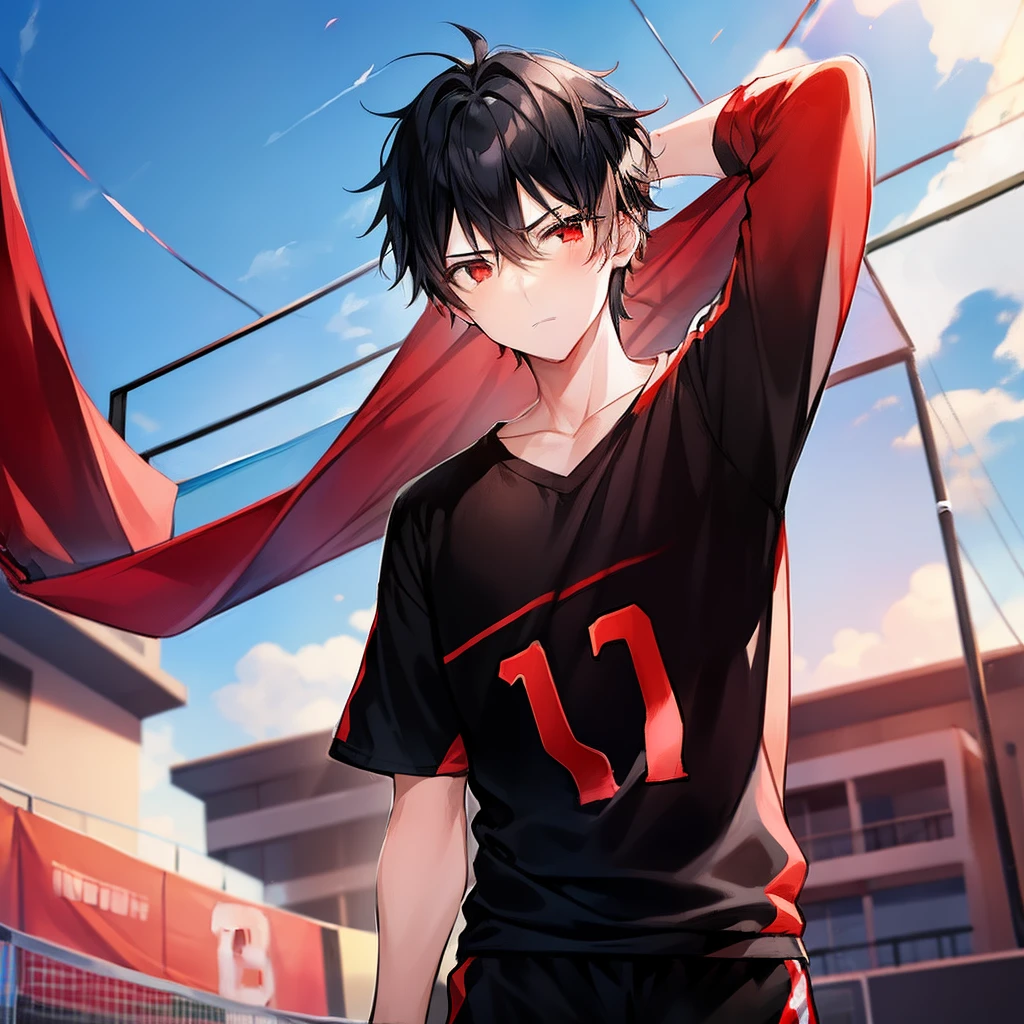 1 boy, black hair,  red eyes, volleyball jersey, jersey number 11