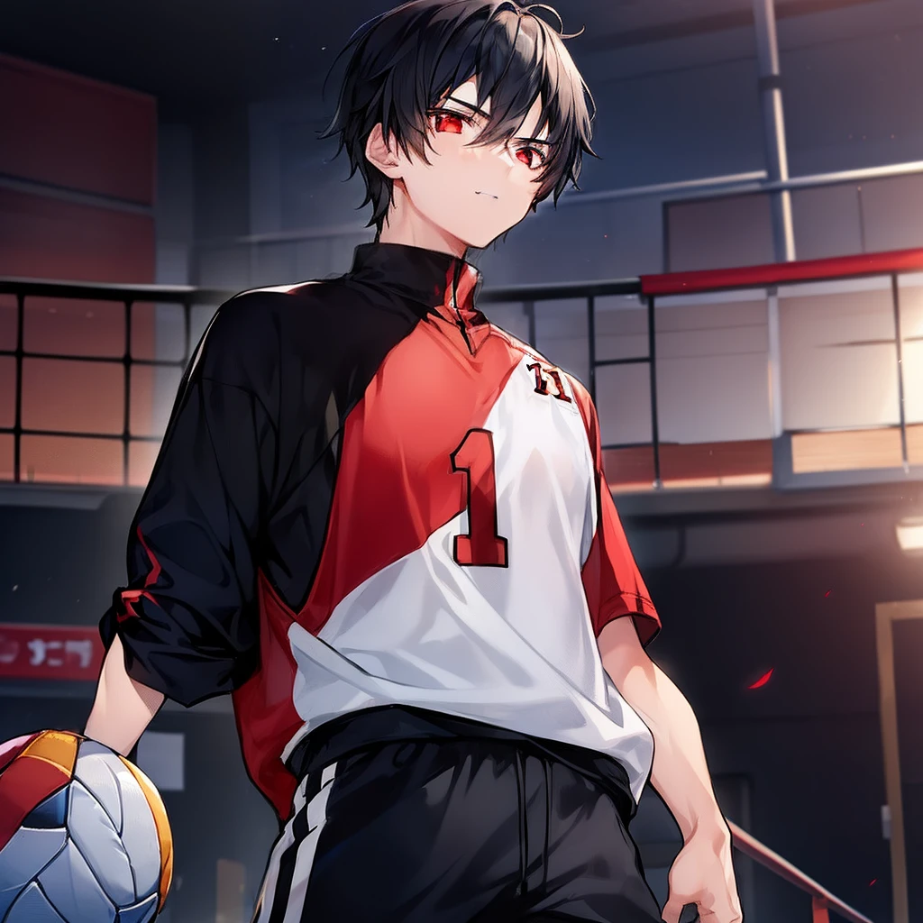 1 boy, black hair, red eyes, volleyball jersey, jersey number 11