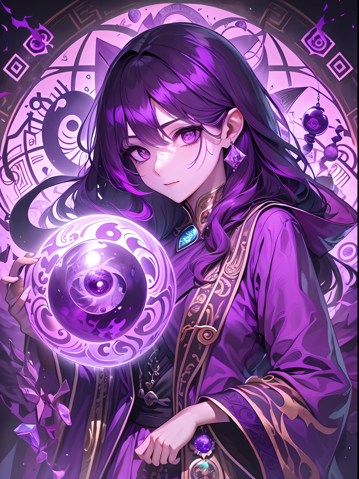 Taboo knowledge,The purple robe is printed with yin and yang gossip,Purple eye,mistic,Mysterious pattern,crystal sphere,magia,Purple colored hair,a beauty girl,long leges