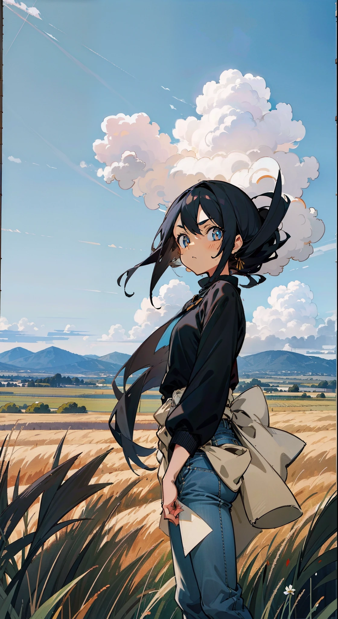 Black sweatshirt，cabelos preto e longos，Black pupils，Denim trousers，grassy fields，with blue sky and white clouds，a warm color palette，illustration，A gentle breeze，Slim，photorealestic，124k，Ultra-clear，high qulity，style of anime，Digital illustration，A coat is tied around the waist