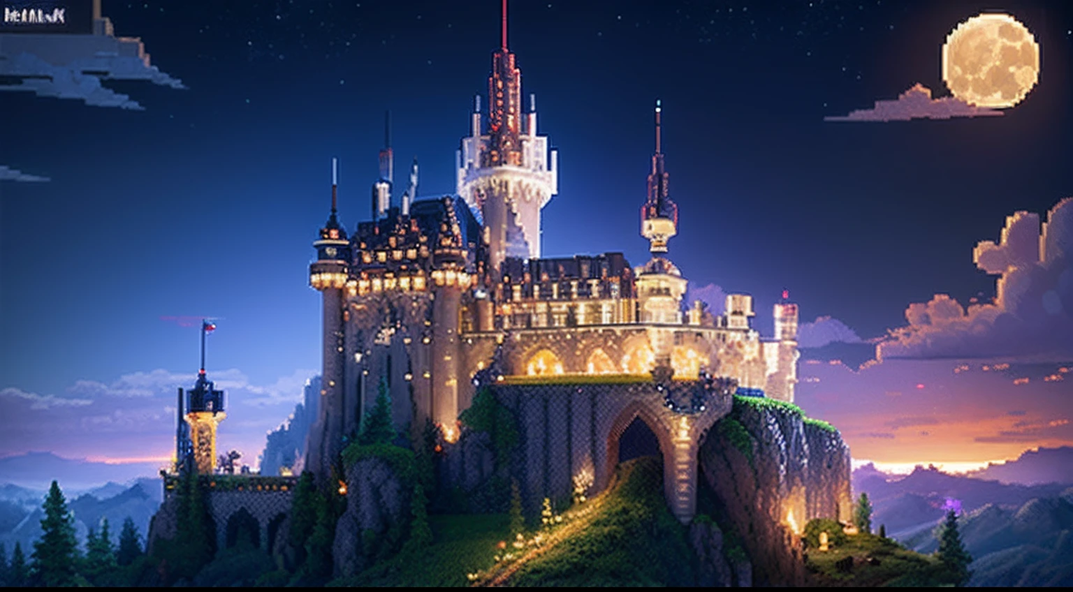 pixel game,scenography,fantastical scenes,Moon Night,Vampire Castle,levitating, Pixel art #pixelart