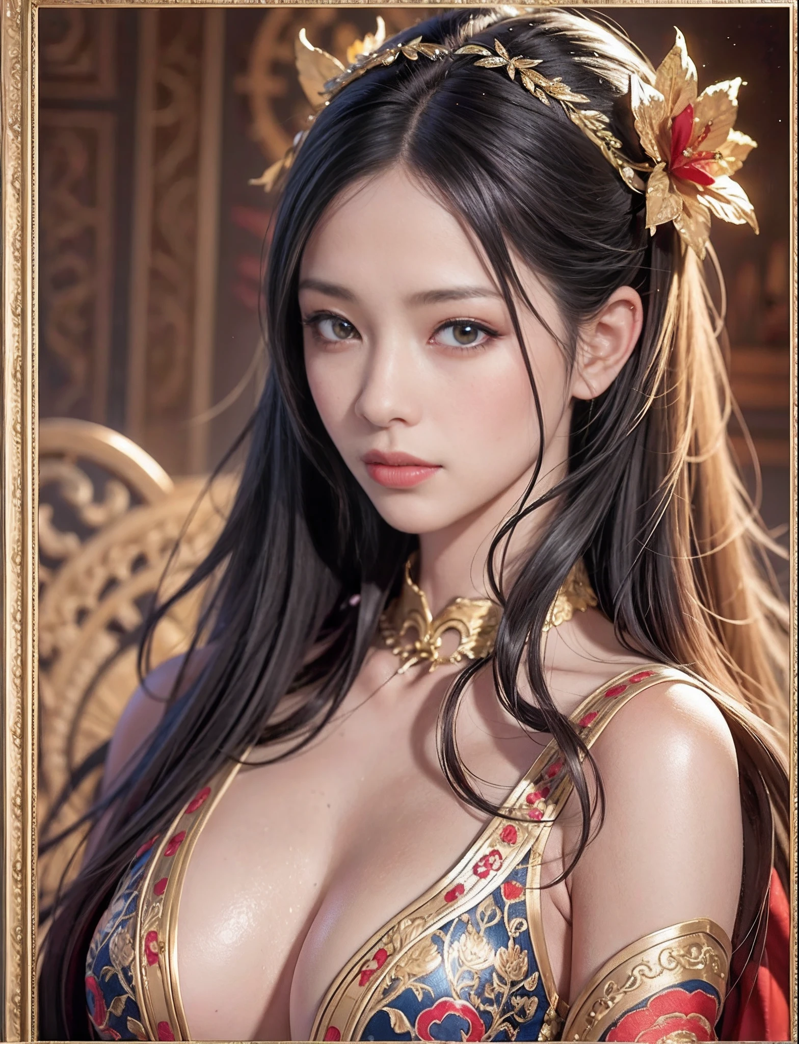 （From the outside） （shiny skins）， many color，delicated face，body curve，half-body photo，high detailed skin detail，Best quality at best，tmasterpiece，photograph of-realistic，Complicated details，RAW photogr，Court，Gorgeous cheongsam，Extra-long hair，cropped shoulders，delicated face，Expose cleavage，Hairpins，Translucent，aethereal