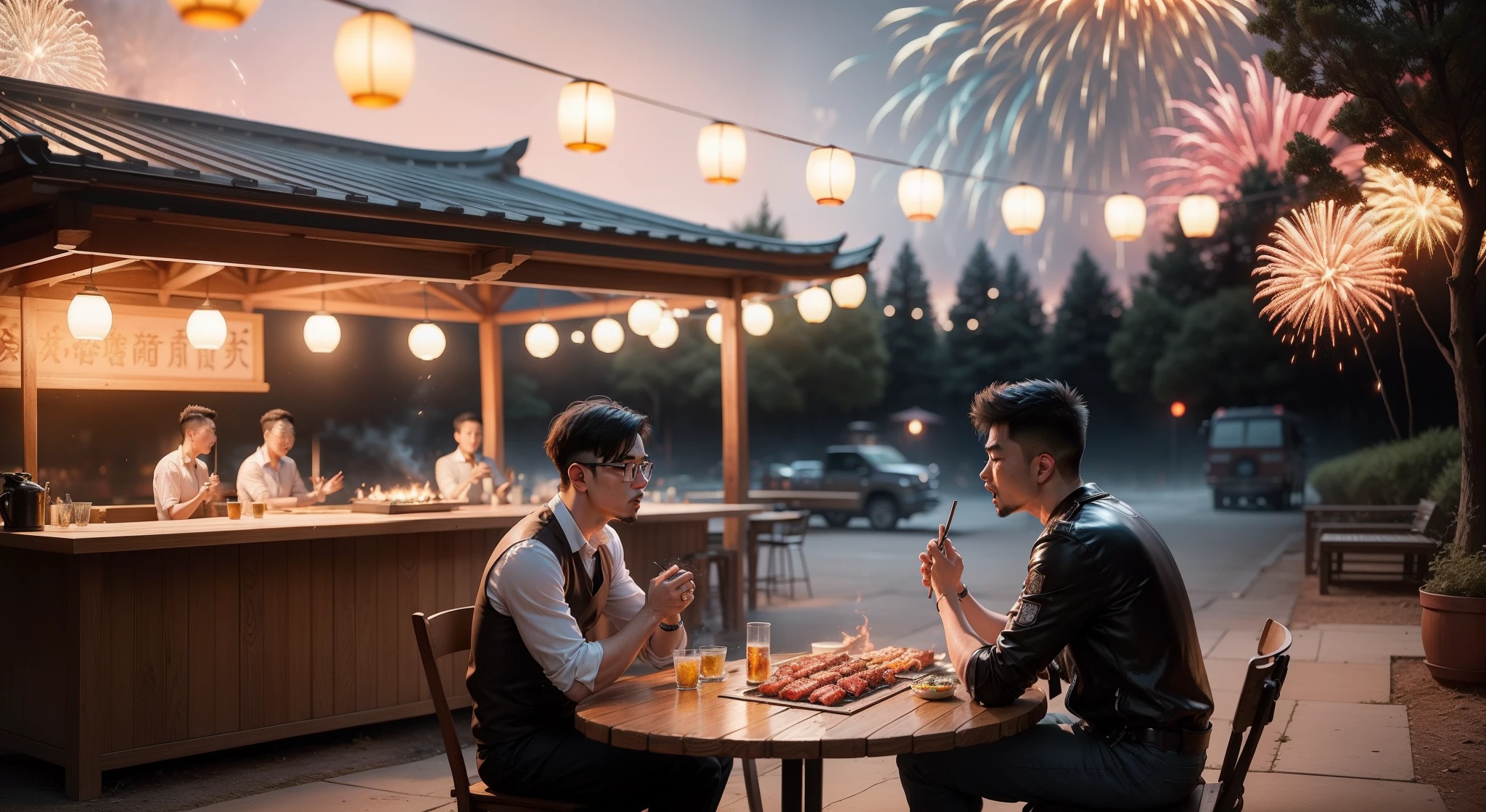 nighttime scene,Chinese barbecue grill,Full of pyrotechnics,Two men chatted around the barbecue table,There were people next to the two,Sing to guests with a guitar。BBQ stall owner burning barbecue in the distance,Lots of guests at the table,SENSE OF CINEMA,电影灯光,Lots of detail,exquisit facial detail,The atmosphere of fireworks on earth,Pictures with stories