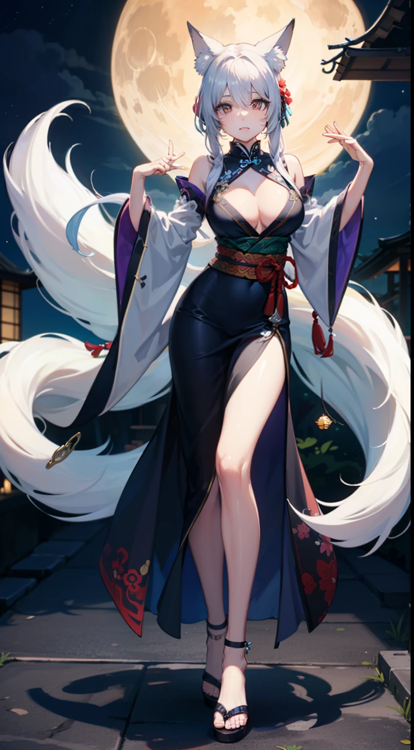 ((8K))、((32K))、((masterpiece))、((top-quality))、((超A high resolution))、detailed skin textures、Detailed Cloth Texture、beautifull detailed face、detailed skin textures、intricate-detail、ultra-detailliert、CGSetsoty Trends、Meticulous Delicate Skin、beautiful character painting、Magnificent and exquisite character art、Stunning character art、perfectly proportions、Slim body、Full body、独奏、Anime - stylistic image of a woman dressed as a silver nine-tailed fox、Nine Tails、Nine Tails、multiple tails、Daji、Silver fox ears、silber hair、Long、beutiful breast、qipao dress、Black kimono with floral pattern、Long red hakama skirt、odd eye、One eye is indigo、One eye is crimson、Kung Fu Action Pose、Standing、a moon、a dark night、Moonlit、Female Kung Fu Master、Nine-Tailed Fox in anime, Full Body Majestic Nine-Tailed Fox、anime fantasy artwork、defined legs、Defined Arm、defined fingers