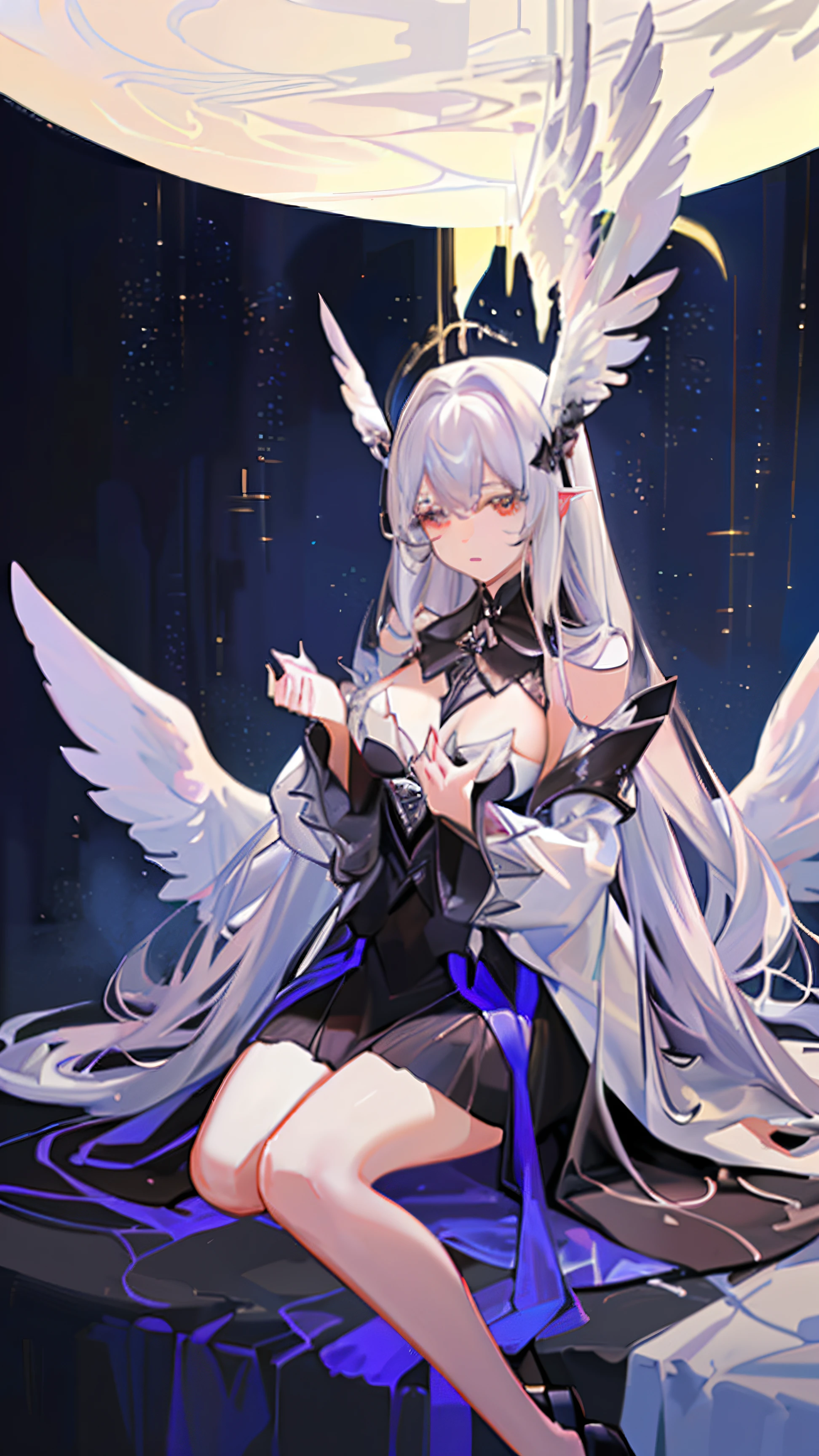 1girl in,offcial art, unity 8k wall paper, ultra - detailed, prettify、Aesthetic, tmasterpiece, top-quality, Photorealsitic, A female angel、one white winged、Silver armor、Helmet with feather decoration、Long steel spear、Glowing angel circle、Light magic、depth of fields, Fantastic atmosphere, calm color palette, Tranquil Mood, Soft Shading (zentangle、datura、Tangles、Tangles:0.7) abstract backgrounds、The most beautiful forms of chaos、ellegance、Dark theme designed by brutalists，huge tit
