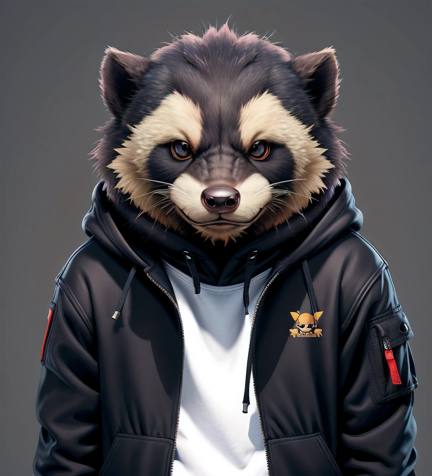Anthropomorphic honey badger flat-headed brother,Small head shape,Playful expression,The corners of the mouth are slightly upturned。A jacket worn over the upper body,Put your hands in the pocket of your jacket,Wear a hoodie underneath,The hoodie has 2 words written on it