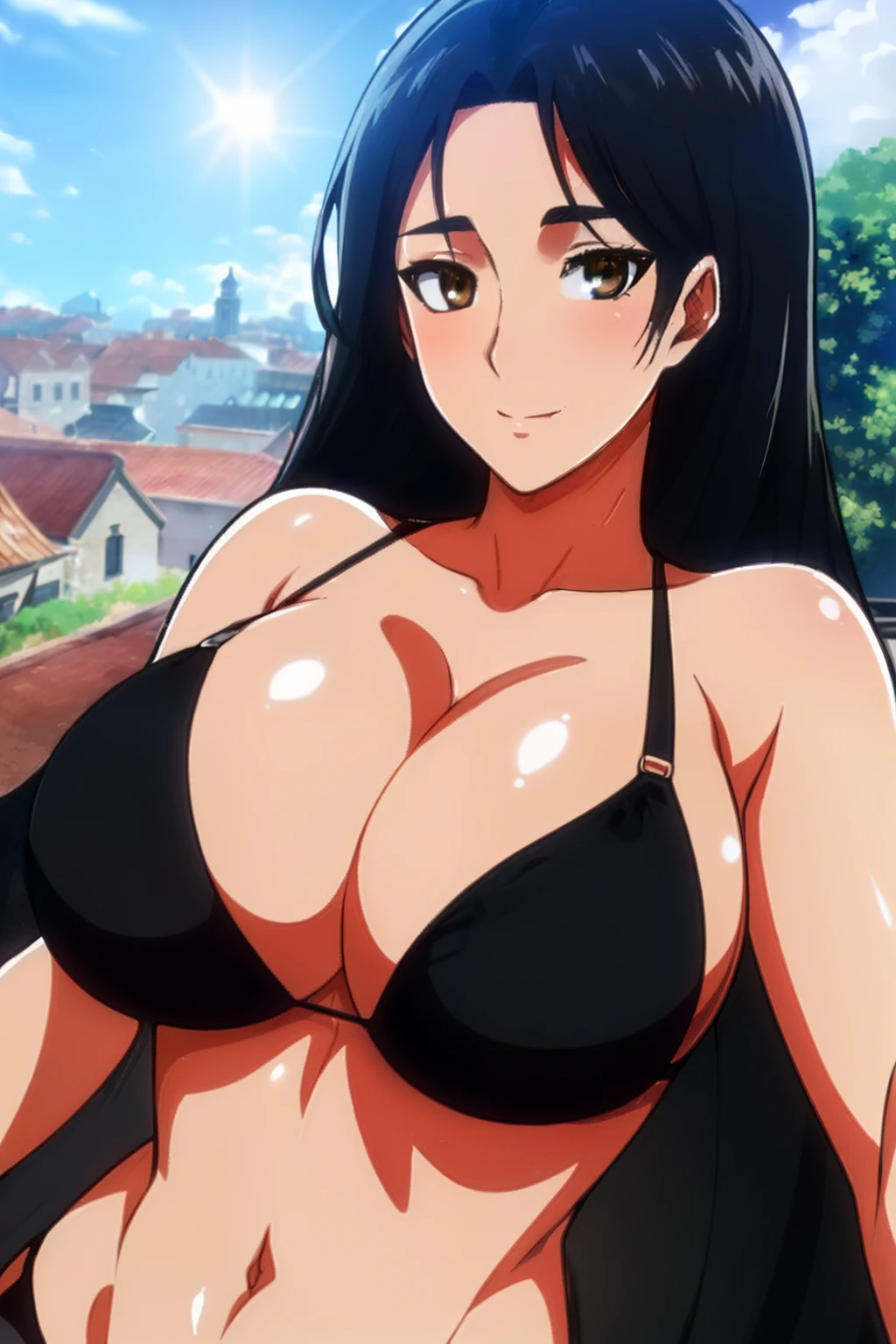 (day:1.7), a city with a lot of buildings and a sky background with clouds in the background and a blue sky, architecture,
Standing at attention, at the roof,
deep cleavage, collarbone, (((black bra , black panties , navel)))
black Hair,  brown eyes, Bangs, single braid, 
1 girl, 20yo,Young female,Beautiful Finger,Beautiful long legs,Beautiful body,Beautiful Nose,Beautiful character design, perfect eyes, perfect face,expressive eyes,
looking at viewer, in the center of the image,(Upper_body),(close-Up),
official art,extremely detailed CG unity 8k wallpaper, perfect lighting,Colorful, Bright_Front_face_Lighting,shiny skin, 
(masterpiece:1.0),(best_quality:1.0), ultra high res,4K,ultra-detailed,
photography, 8K, HDR, highres, absurdres:1.2, Kodak portra 400, film grain, blurry background, bokeh:1.2, lens flare, (vibrant_color:1.2)
(Beautiful,large_Breasts:1.4), (beautiful_face:1.5),(narrow_waist),