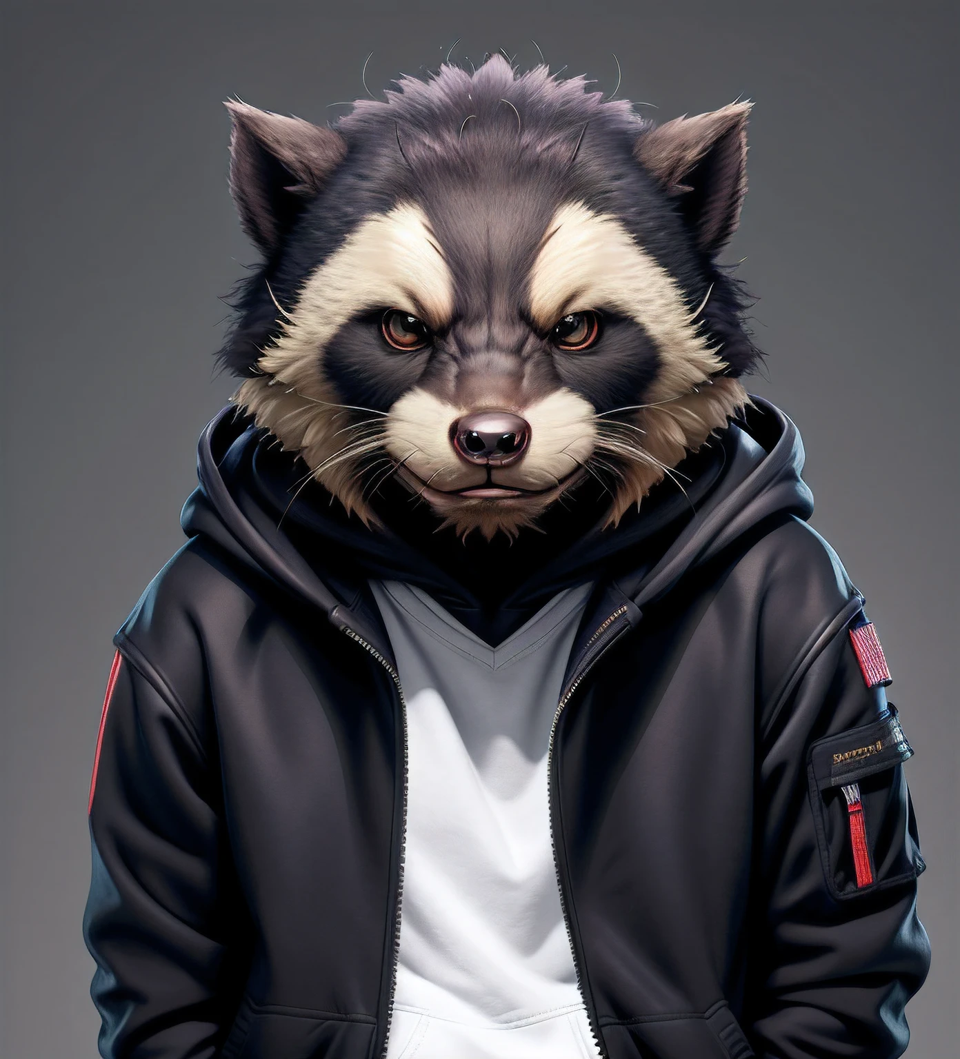 Anthropomorphic honey badger flat-headed brother,Small head shape,Playful expression,The corners of the mouth are slightly upturned。A jacket worn over the upper body,Put your hands in the pocket of your jacket,Wear a hoodie underneath,The hoodie has 2 words written on it