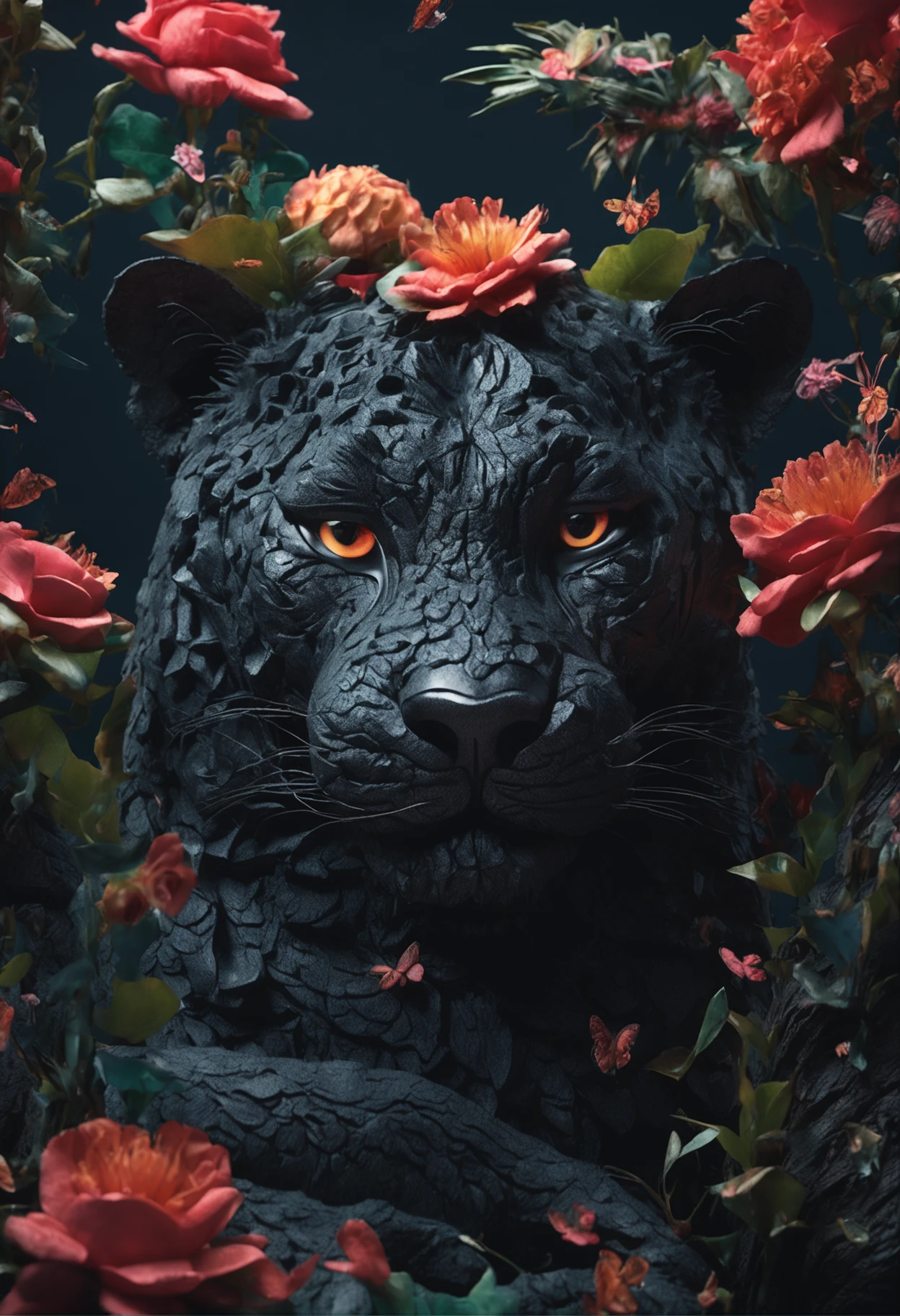 3d. Extremely detailed texture. Dark and gritty. Muted colors. a highly textured dark painting of a (black jaguar) Jaguar, surrounded by flowers and butterflies, inspired by Hedi Xandt, fantastic realism, beeple and tim hildebrandt, velvet art, sebastian kruger. Dark. Extreme detail. Shadows. Macro, sharp focus, Miki Asai Macro photography, close-up, hyper detailed, trending on artstation, sharp focus, studio photo, intricate details, highly detailed, by greg rutkowski