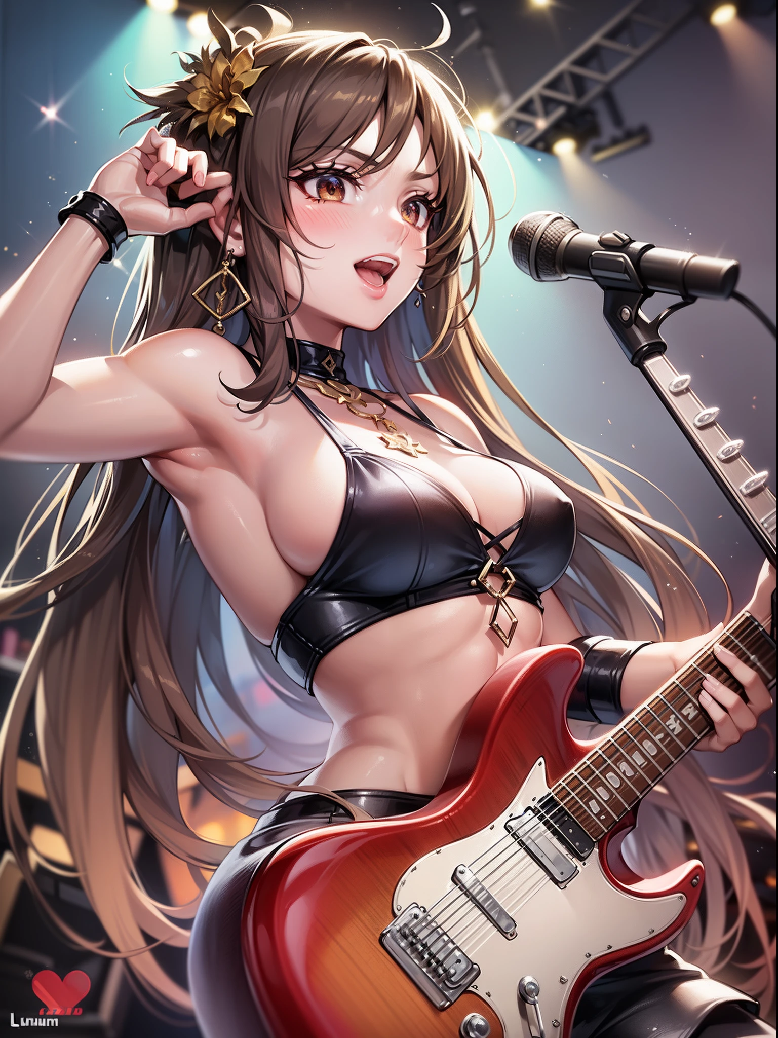 (((finely best quality))),((Best Work)),the golden ratio,Clear,Incredible quality:1.1,((Flawless and flaw-free anatomy)),Adult women in their early 20s,((dense and detailed skin,faces,)),(Lustrous skin),(Lustrous colorful hair),Slim body,electric guitars,guitarrist,Girl Band,Rock star,Live Stage,audience