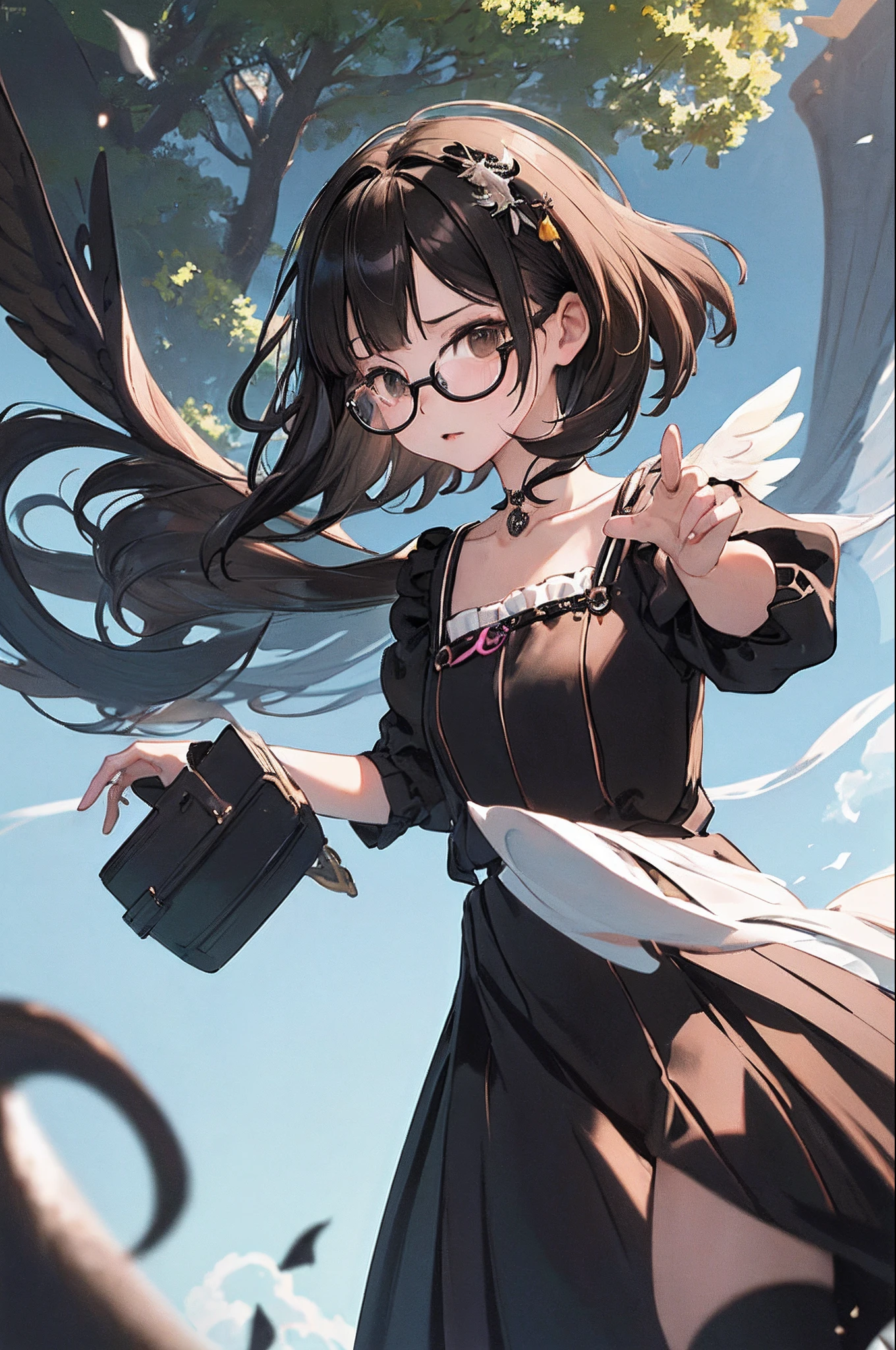 (masutepiece, Best Quality, Capture super cute moments, depth of fields, ultra-detailliert, Ultra High Resolution, C4D, Octadale, 3D Modeling, 8K, 16 K, one girls、a junior high school student、A dark-haired、short-hair、straight haired、Light brown eyes,hair adornments、wearing black glasses、Cute face),Fairies (Floating in mid-air:1.4), flying though the air, Under no gravity,Aerial view of the forest、dynamic ungle, Dynamic Pose,Angel wings