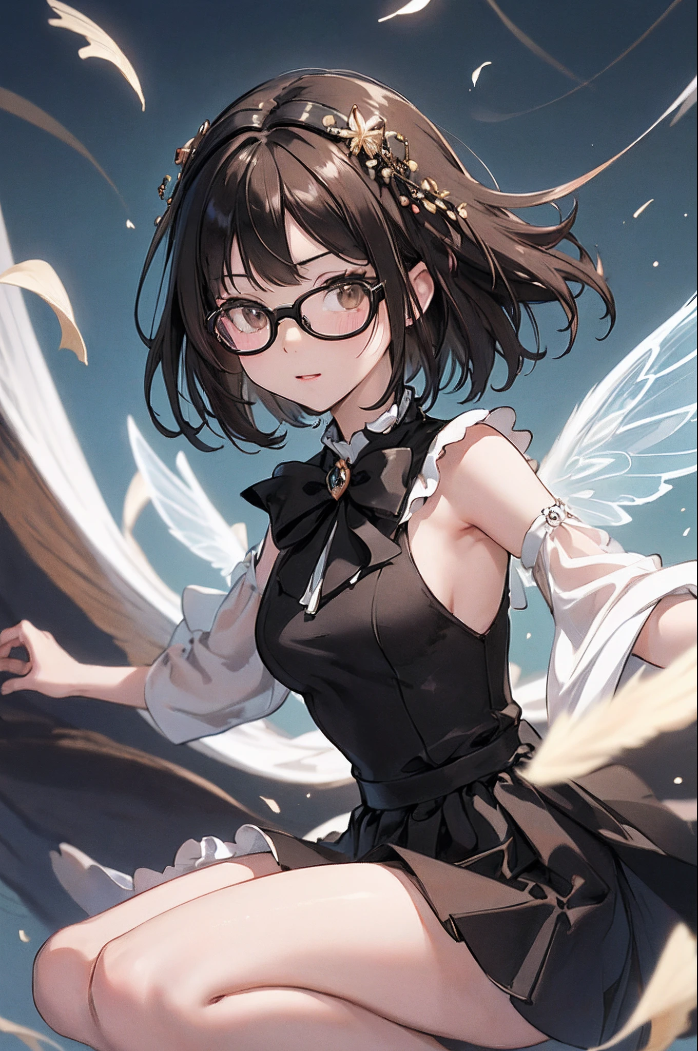 (masutepiece, Best Quality, Capture super cute moments, depth of fields, ultra-detailliert, Ultra High Resolution, C4D, Octadale, 3D Modeling, 8K, 16 K, one girls、a junior high school student、A dark-haired、short-hair、straight haired、Light brown eyes,hair adornments、wearing black glasses、Cute face),Fairies (Floating in mid-air:1.4), flying though the air, Under no gravity,Aerial view of the forest、dynamic ungle, Dynamic Pose,Angel wings