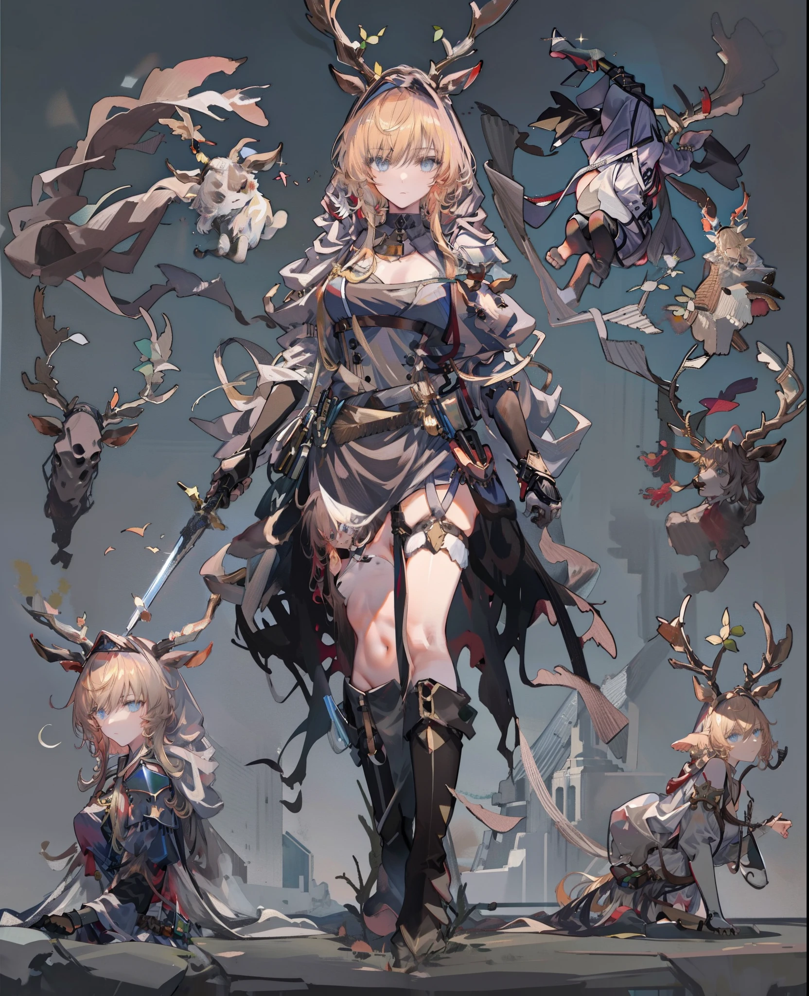 tmasterpiece，Best quality at best，A high resolution，
独奏， 1girll， blond hairbl， blue color eyes， pony tails， deer ears， Deer tail，antlers
Moon Catastborn， dark armor， 1girll， 独奏， arma， The sword， looking at viewert， pony tails， coda， armour， halter， horse tailed， Very long hair， mitts， Thighs, thighs， white backgrounid， By bangs， Hold the weapon， Sideburns， simple backgound， With a sword， Black thighs， Keep one's mouth shut， black color dress， cloaks， thigh boots， shift dresses， standing on your feet， Pelvic screen， cow boy shot， boots， mitts， Shoulder blades， chest plate， From the side Side， upper legs