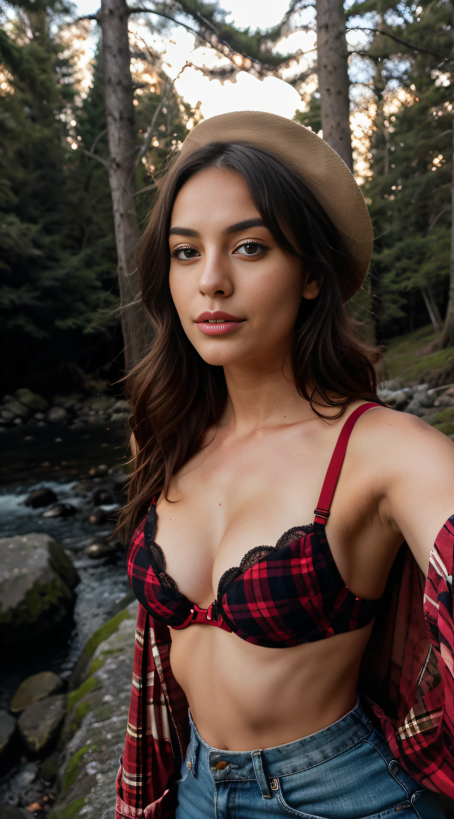 Nordic Cherry Lady Lady Women, Shy, ((Upper body selfie, Innocent)), masutepiece, Best Quality, Ultra-detailed, Solo, plein air, (Night), mountainscape, Nature, Shy, backpack, sleeping bag, Country Boot, Country Hat, Red plaid shirt long sleeve open, lantern, forest, boulders, River, Wood, Smoke, shadowy, Contrasty, crystal clear skies, Style, (warm hue, warm tone: 1.2), close-up, Cinematic Light, Side lighting, Ultra High Resolution, Best Shadow, raw, Upper body, is wearing a lingerie, Seductive look, Huge breasts, 4K, Open neckline, Sexy. Greenish Boo's eyes. Her bra has、Let me say Northrop Malinois with cute lettering.