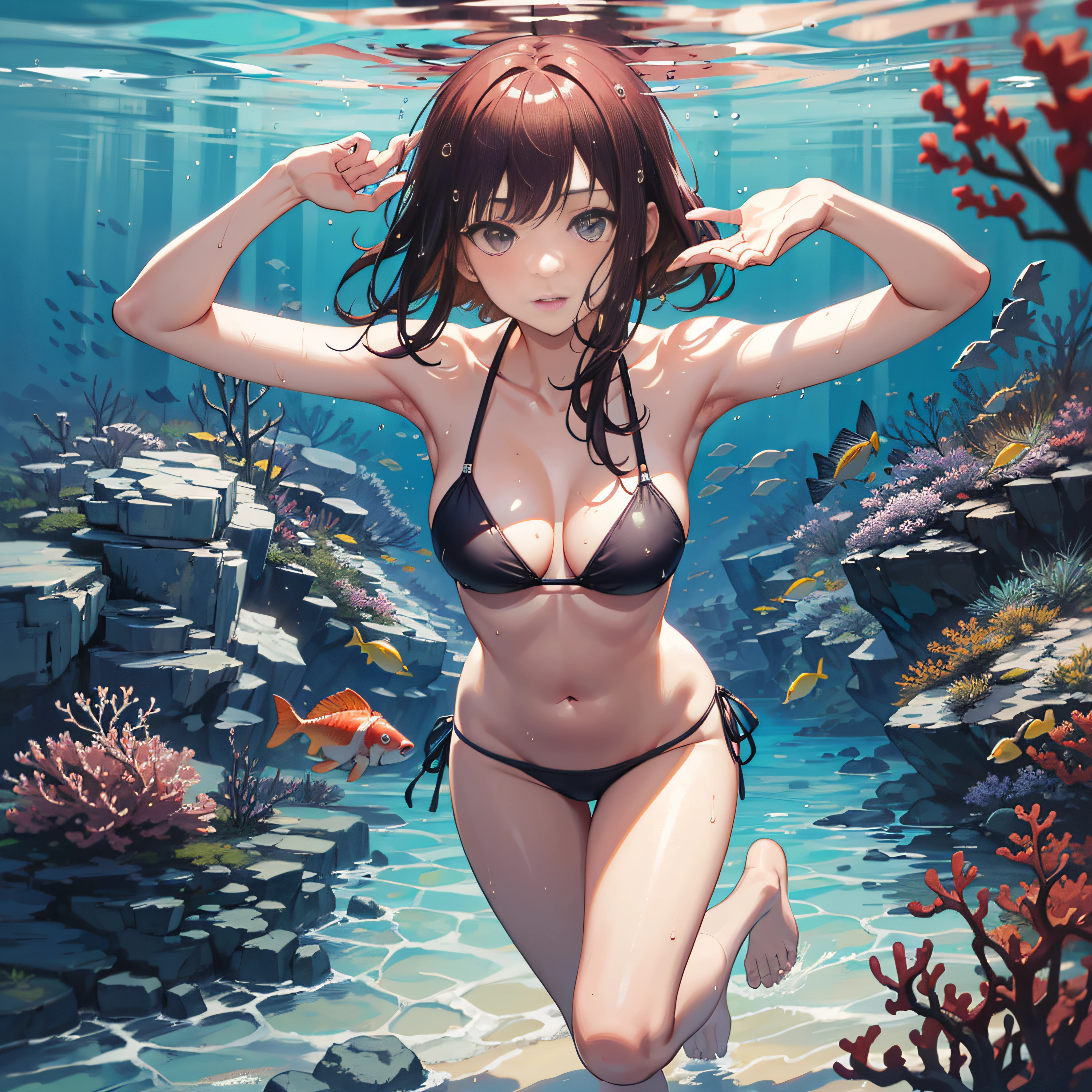 The corals,Mid summer,The bikini,under the water:1.5,dutch angle shot,ground-level shot,low angle,full body shot,long shot,Under the sea,diving:1.8,Wet hair,swimming:1.6,(Raw photo: 1.2), (Realism: 1.4), (masutepiece: 1.3), (exquisite detailing: 1.2), kiss,Delicate and beautiful details, (Eye Detail), (Facial Detailed), (Highest Quality) :1.4), (Hyper-Resolution: 1.2), cinematric light, (very detailed illustration), Best Quality,depth of fields, Wide light, natural shadows, reflection.