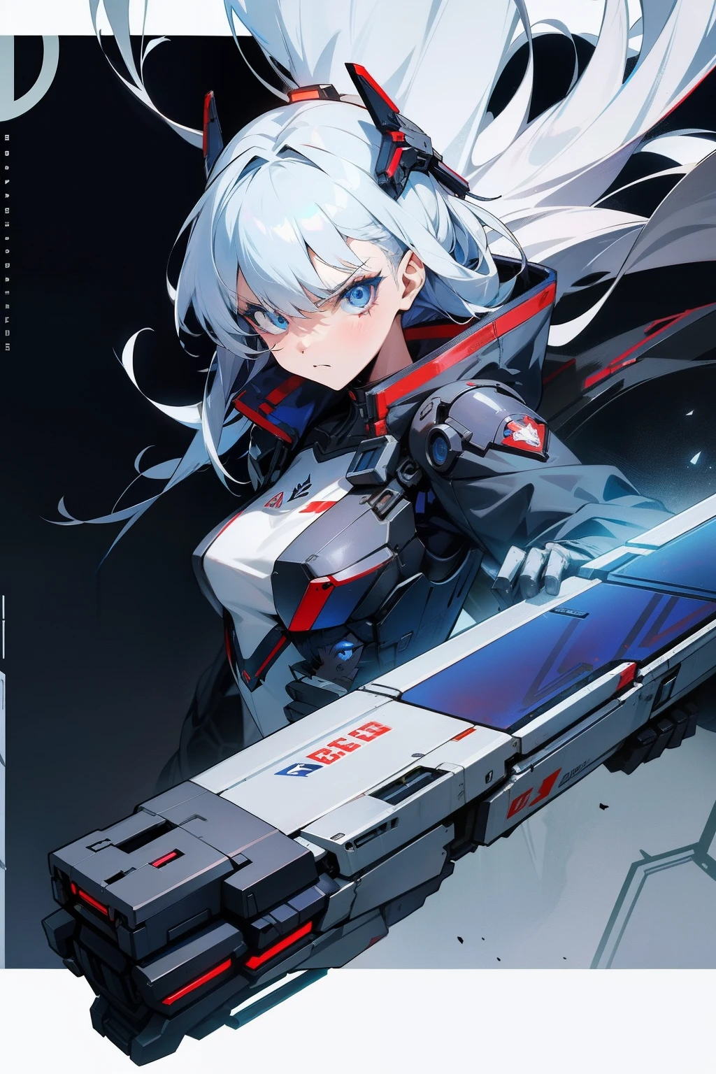 "Cyborg girl with sword,Silver hair and blue eyes,Sci-fi wallpaper,azur lane style,Cyberpunk mech girl,Angry cyborg woman,Broken beautiful robot,SSSS.Gridman style (2018)"