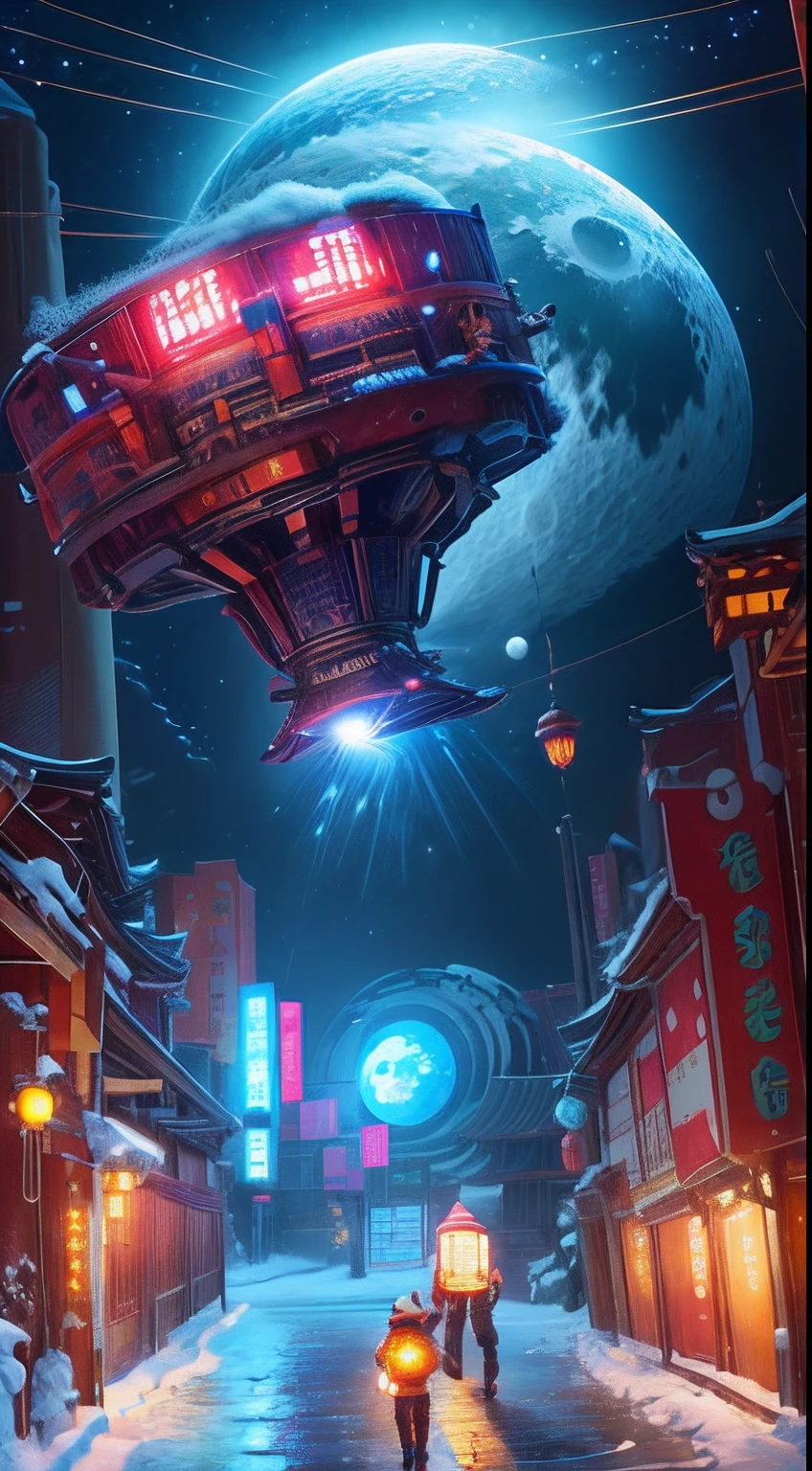 sci-fy，stray，Moon，Moon，starrysky，space ship，pandas，Chengdu, sichuan，ancient buildings of China，lanterns，pylons，alley，snow mountains，sci-fi vibes，Huge sense of contrast，lamplight，Pillars of light soared into the sky，High-precision illustration，SENSE OF CINEMA，火焰，Snow，cyber punk perssonage，nevando，City lights，lanterns，nevando