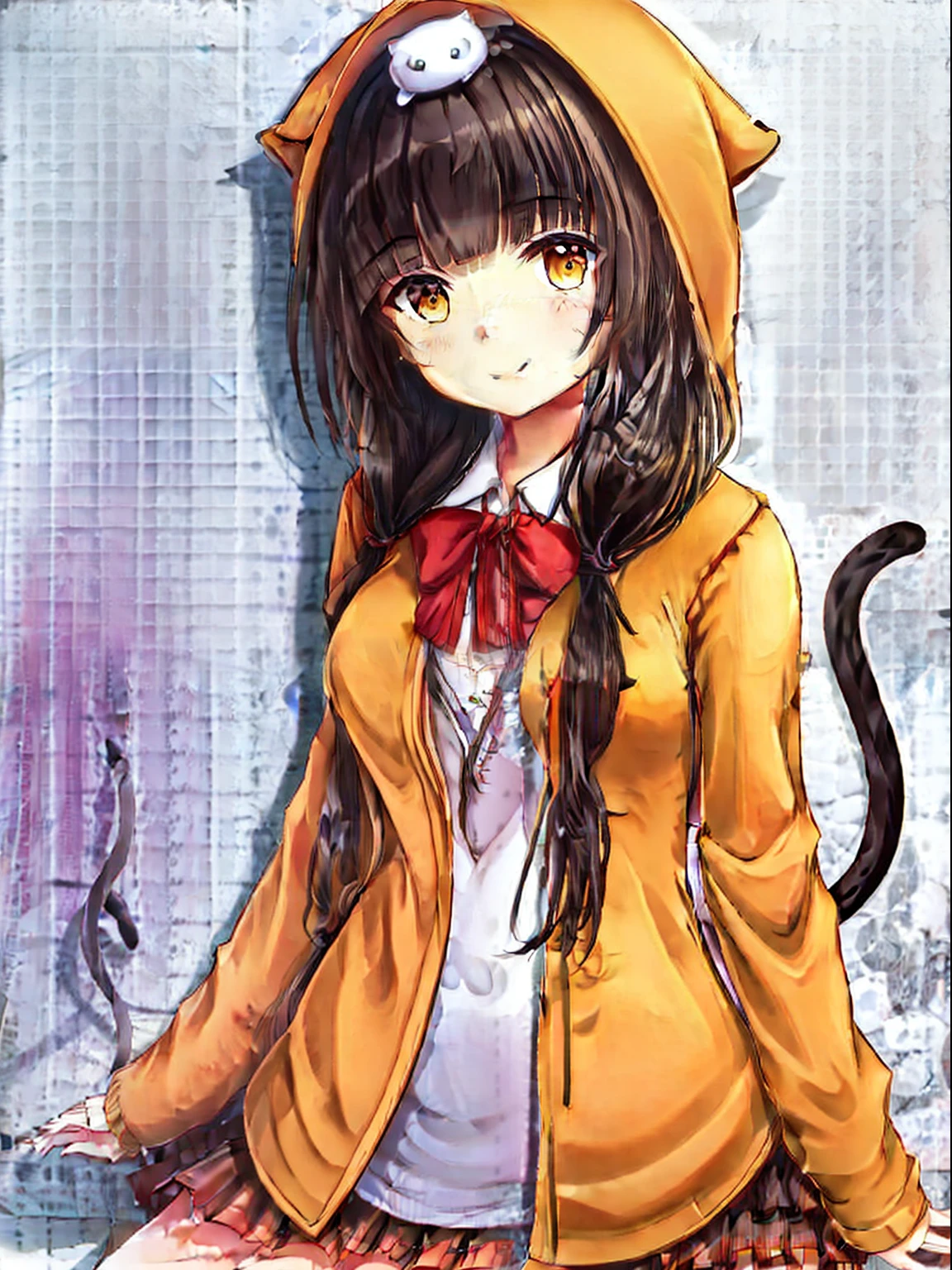 1girl in, Cat tail, Smile, Red apron, Solo,  Long hair, Closed mouth, Long sleeves, low twintails, breasts, Blunt bangs, ((masutepiece)),(((Best Quality))), ((Ultra-detailed)), ((Illustration)), masutepiece, Best Quality, hight resolution, {Beautiful detailed eyes}, finely detail,  Beautiful detailed eyes, Smile