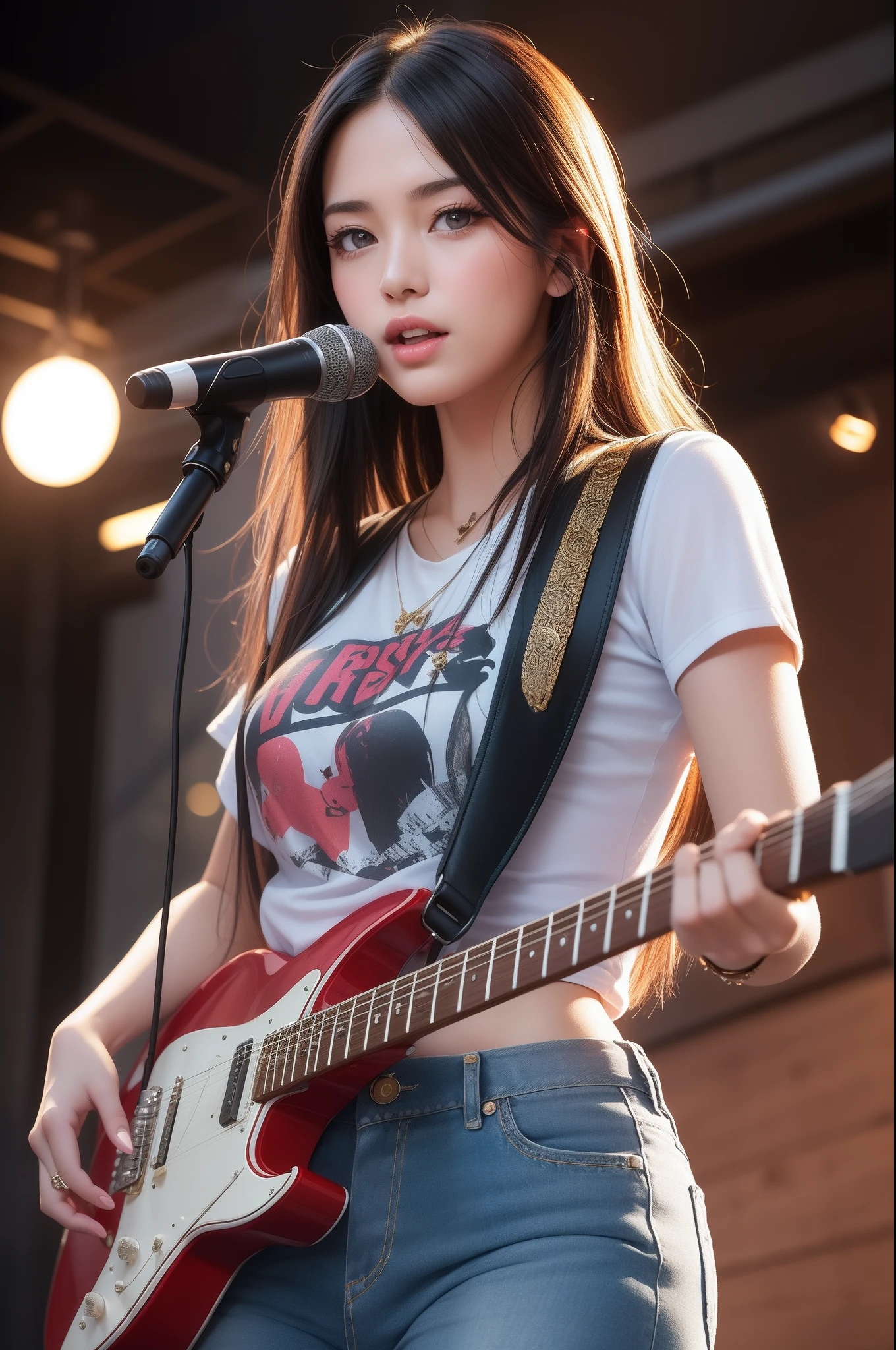 (((top-quality))),((Best Work)),the golden ratio,Clear,Incredible quality:1.1,Meticulous portrayal,((Flawless and flaw-free anatomy)),Adult women in their early 20s,((dense and detailed skin,faces,)),(Lustrous skin),(Lustrous colorful hair),Slim body,tshirts,denim hot-pants,electric guitars,guitarrist,Girl Band,Rock star,Live Stage,Sweat flowing through the body:1.3,