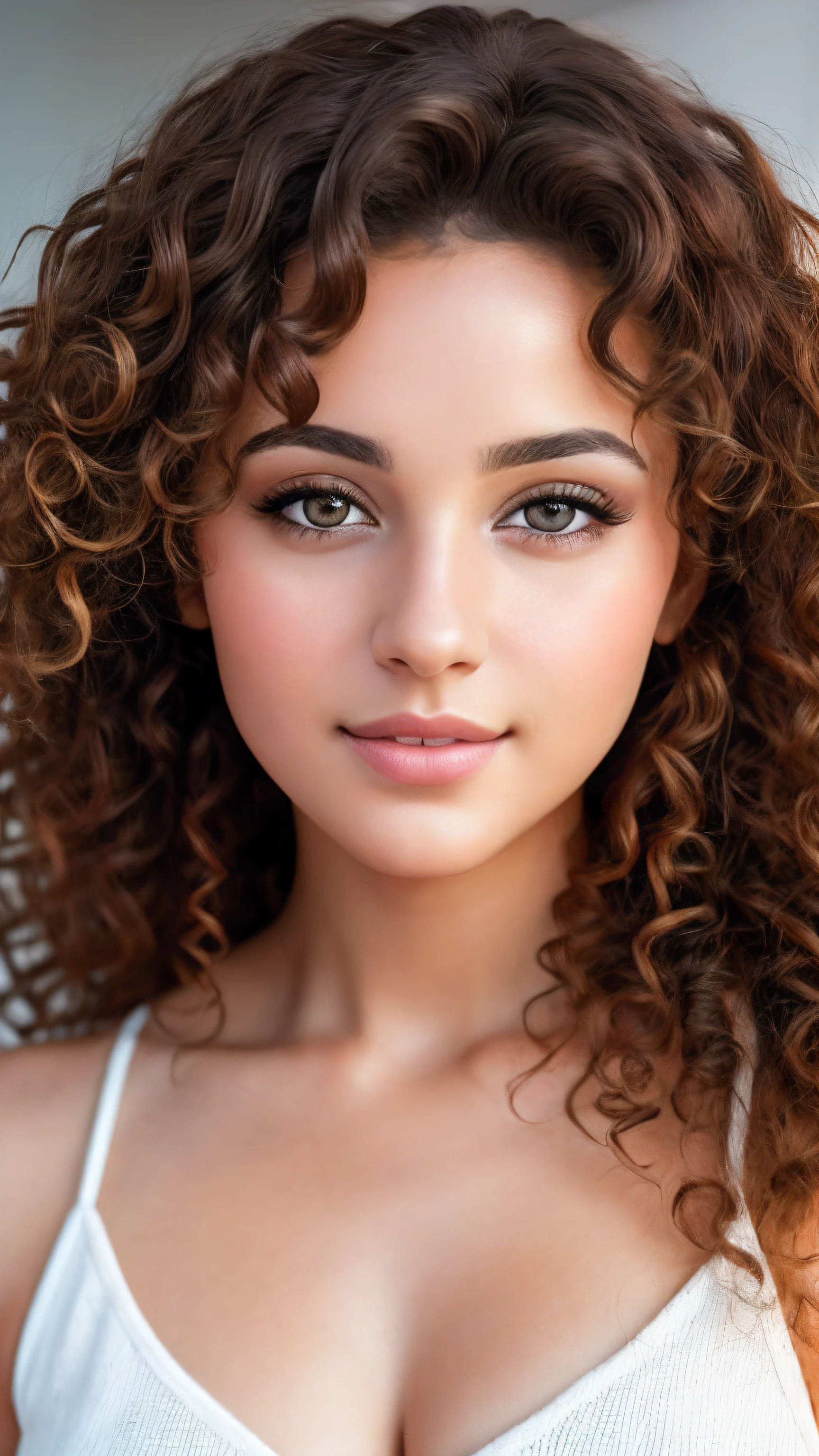 arafed woman with light brown eyes and curly hair posing for a picture, a masterpeice , realistic, shutterstock, digital art, soft portrait shot 8 k, beautiful portrait image, beautiful young girl, photo of a beautiful woman, gorgeous face portrait, perfect face and eyes, beautiful young woman, beautiful portrait photo, extremely beautiful face