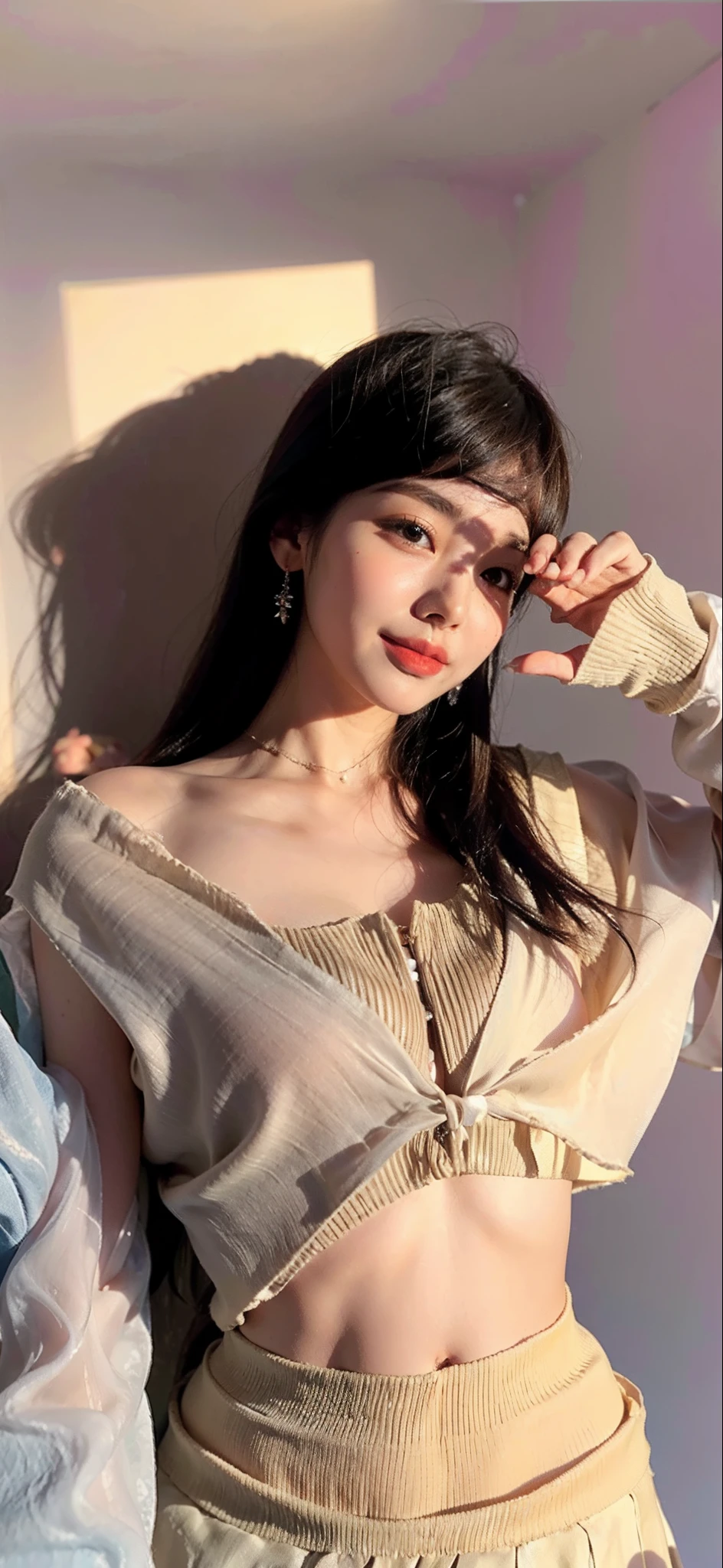 (((Medium hair))), best qualtiy, 8K, hdr, A high resolution, absurderes:1.2, blur backgroun, Background bokeh:1.2, photography of, (RAW photo:1.2), (真实感:1.4), (Masterpiece:1.3), (complexdetails:1.2), 1girll, 独奏, japanaese girl, delicated, Beautiful detailed, (Delicate double eyelids), (Detailed facial features), Bigboobs, (((Large breasts))), Skin Firm, (Looking_at_peeping at the viewer), From_Front, (being thin),(best qualtiy:1.4),(超A high resolution:1.2),cinematic lighitnglamplight,(Extremely detailed illustration),(Gloss on lips,best qualtiy,超A high resolution,depth of fields,Caustics,Extensive illumination,naturalshadow,85mm, f/1.4, iso 200, 1/160s:0.75),1girll, Solo, (((Silk vest))) Smile, ((silk garment,pleatedskirt,Classroom))
