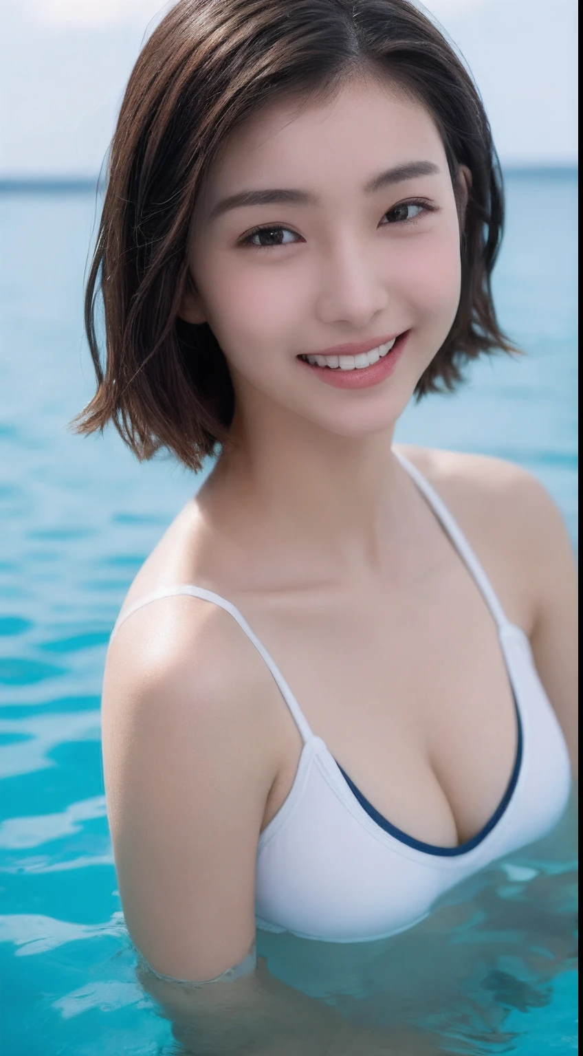 of the highest quality、​masterpiece、one girls、20 years girl、A dark-haired、Strapless、Separate swimwear、Strapless swimwear、bob cuts、I have bangs、Colossal tits、Slender Abs、Big ass、Perfect body、beach side、blue open sky、Natural smile、no-makeup、Neat girl、macro photography、Sweaty skin、detailed skin textures、Fine eyes、Beautiful skin、Clear focus、Natural light、Idol Magazine Trends、Gravure Magazine Trends、CGstation Trend、beautiful  Girl、 4fingers and 1thumb、Poses to seduce、bewitching poses、