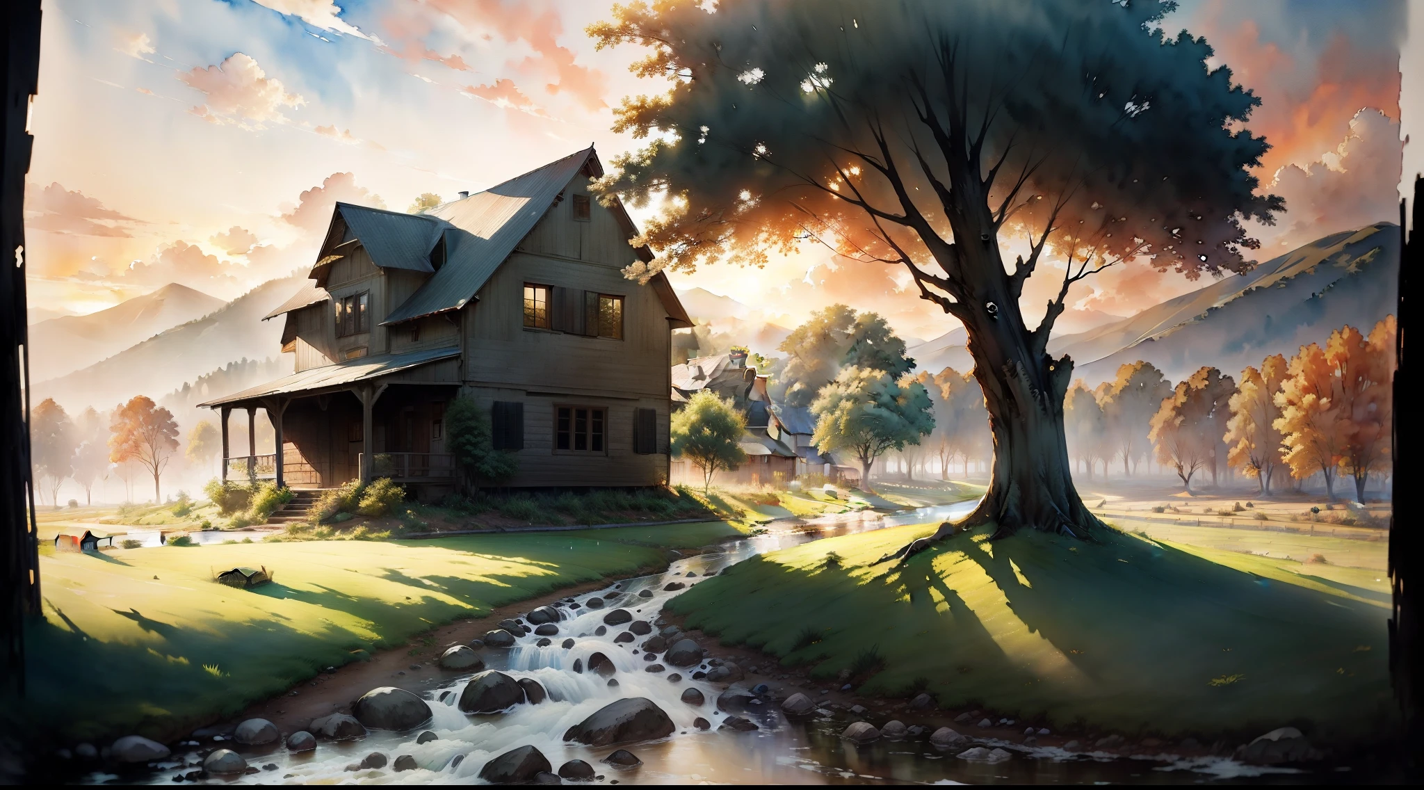 A farm house under the big tree beside the stream, Sunrise, dramatic soft light, watercolor painting, classic style, rich colors, brushstrokes, harmony color textures, expressive portraits, dynamic composition, capturing light and shadow, artistry, timeless beauty.