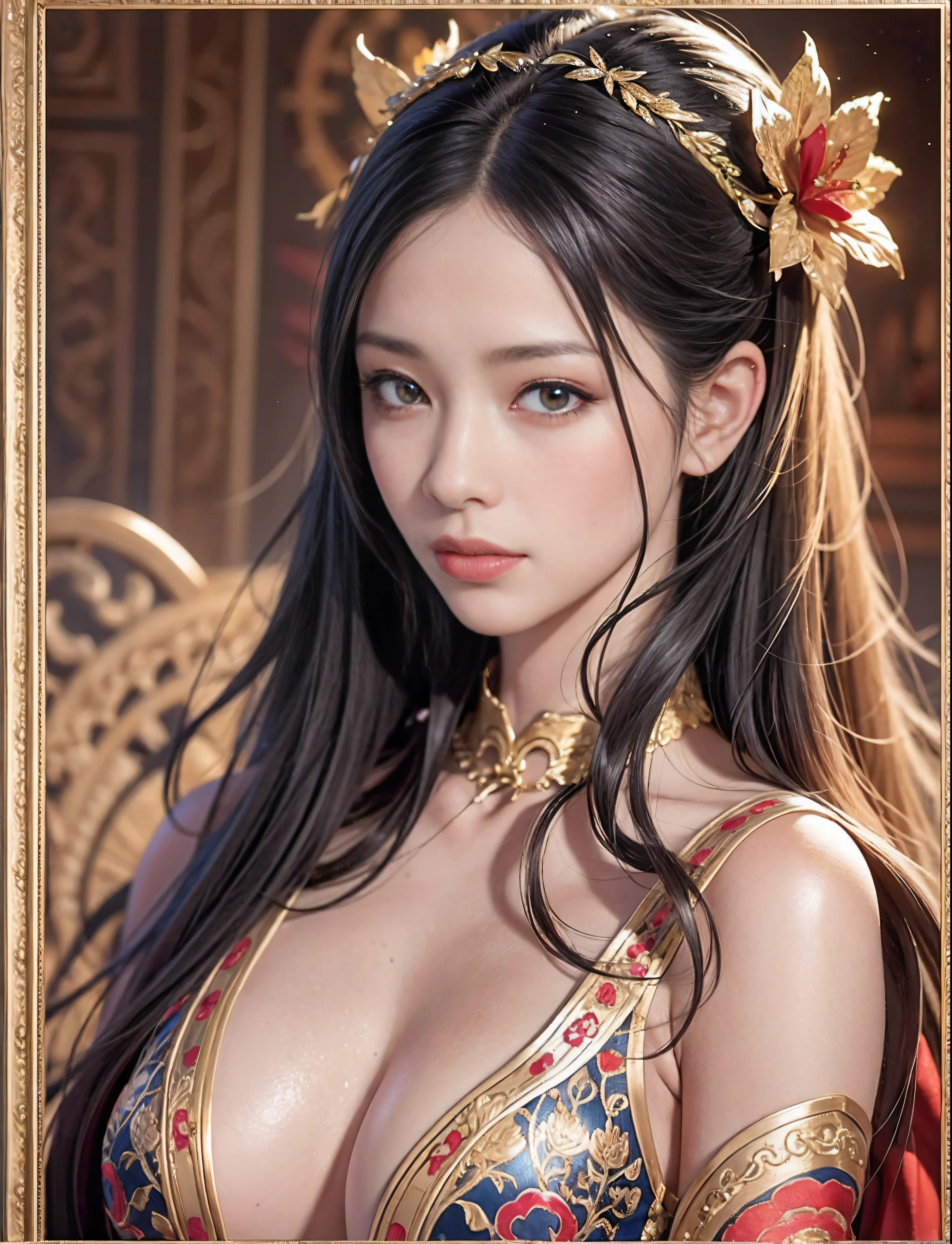 (From the outside) (shiny skins), many color,delicated face,body curve,half-body photo,high detailed skin detail,Best quality at best,tmasterpiece,photograph of-realistic,Complicated details,RAW photogr,Court,Gorgeous cheongsam,Extra-long hair,cropped shoulders,delicated face,Expose cleavage,Hairpins,Translucent,aethereal