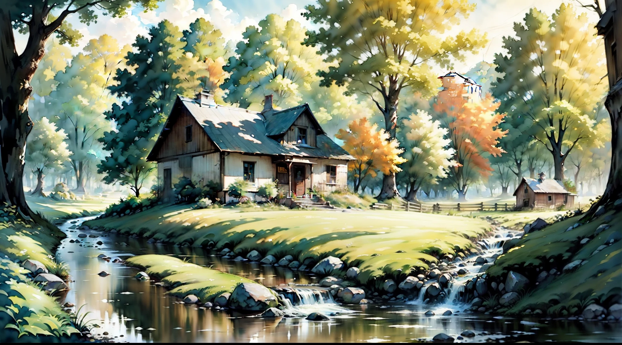 A farm house under the big tree beside the stream, Sunrise, dramatic soft light, watercolor painting, classic style, rich colors, brushstrokes, harmony color textures, expressive portraits, dynamic composition, capturing light and shadow, artistry, timeless beauty.