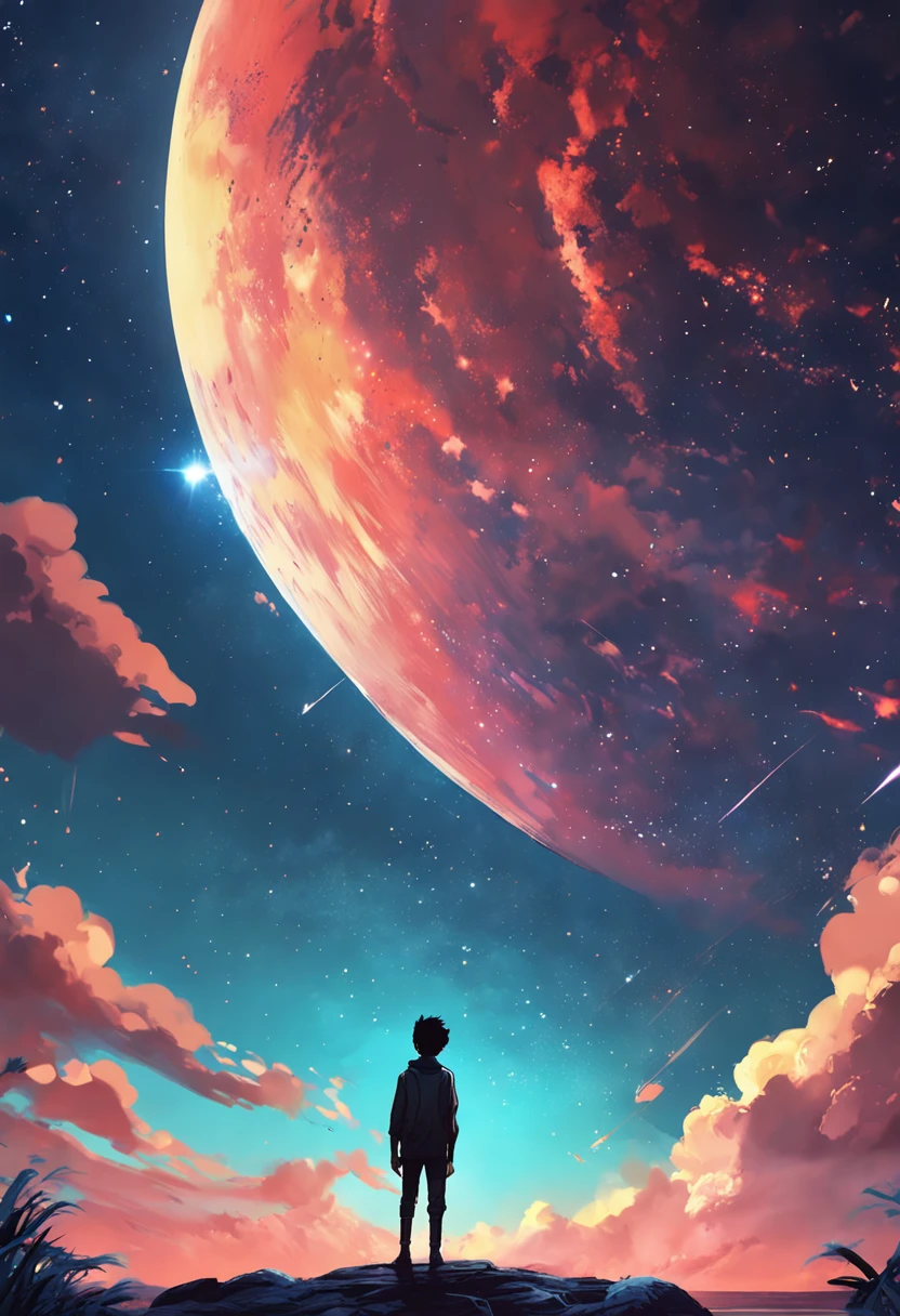 anime boy standing on a rock looking at a star filled sky, makoto shinkai cyril rolando, anime art wallpaper 4k, anime art wallpaper 4 k, anime art wallpaper 8 k, cosmic skies. by makoto shinkai, inspired by Cyril Rolando, in the style dan mumford artwork, amazing wallpaper, by Yuumei, white hair