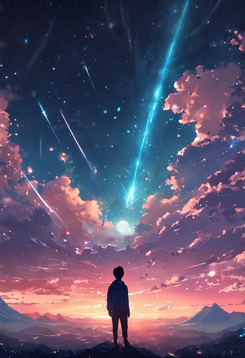 anime boy standing on a rock looking at a star filled sky, makoto shinkai cyril rolando, anime art wallpaper 4k, anime art wallpaper 4 k, anime art wallpaper 8 k, cosmic skies. by makoto shinkai, inspired by Cyril Rolando, in the style dan mumford artwork, amazing wallpaper, by Yuumei, white hair
