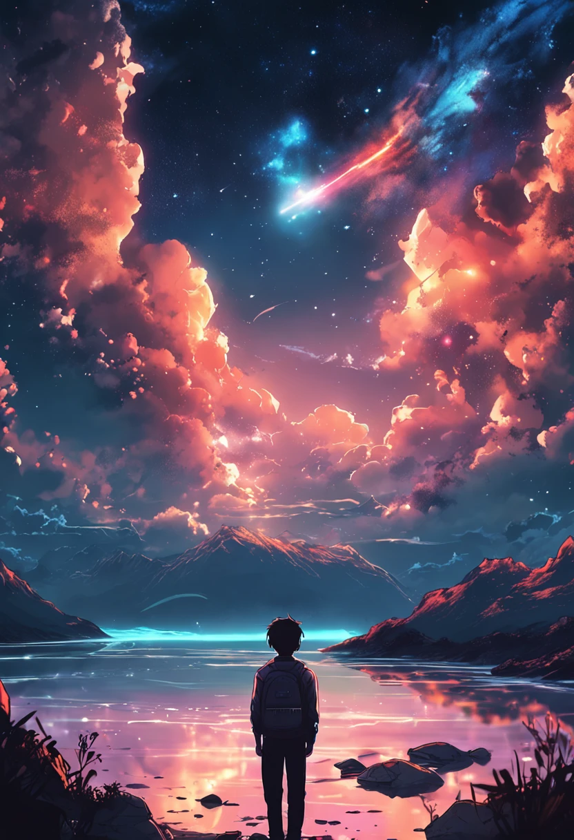 anime boy standing on a rock looking at a star filled sky, makoto shinkai cyril rolando, anime art wallpaper 4k, anime art wallpaper 4 k, anime art wallpaper 8 k, cosmic skies. by makoto shinkai, inspired by Cyril Rolando, in the style dan mumford artwork, amazing wallpaper, by Yuumei, white hair
