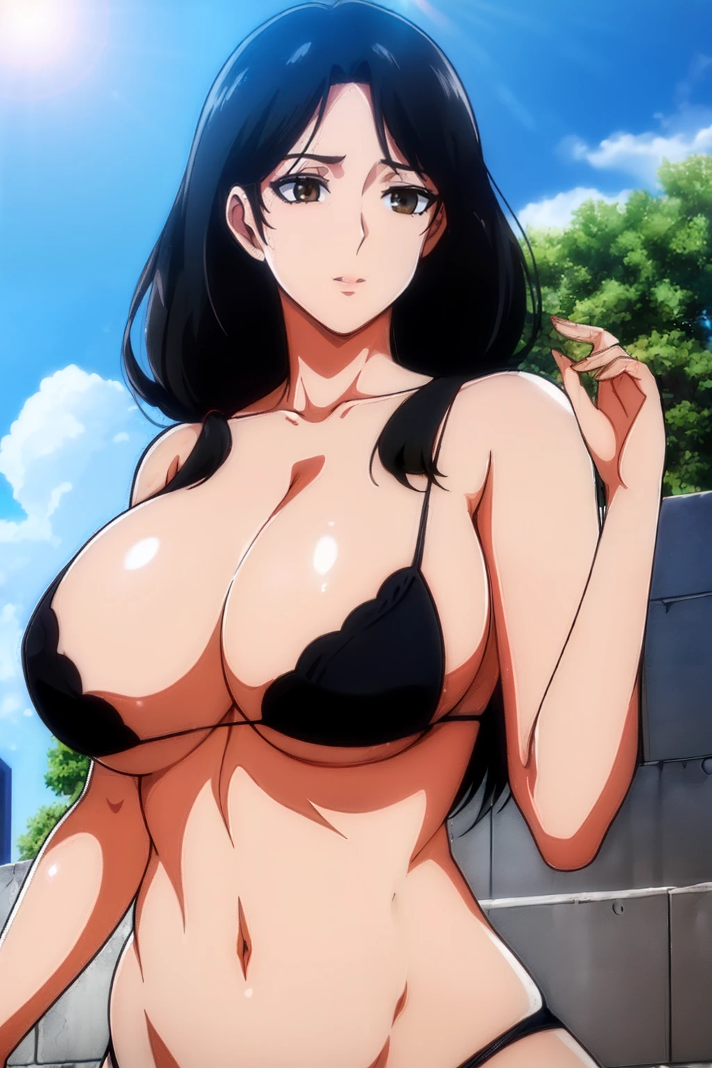 (day:1.7), a city with a lot of buildings and a sky background with clouds in the background and a blue sky, architecture,
Standing at attention, at the roof, front view , medium breasts
deep cleavage, collarbone, (((black bra , black panties , navel)))
black Hair,  brown eyes, Bangs, single braid, 
1 girl, 20yo,Young female,Beautiful Finger,Beautiful long legs,Beautiful body,Beautiful Nose,Beautiful character design, perfect eyes, perfect face,expressive eyes,
looking at viewer, in the center of the image,(Upper_body),(close-Up),
official art,extremely detailed CG unity 8k wallpaper, perfect lighting,Colorful, Bright_Front_face_Lighting,shiny skin, 
(masterpiece:1.0),(best_quality:1.0), ultra high res,4K,ultra-detailed,
photography, 8K, HDR, highres, absurdres:1.2, Kodak portra 400, film grain, blurry background, bokeh:1.2, lens flare, (vibrant_color:1.2)
(Beautiful,large_Breasts:1.4), (beautiful_face:1.5),(narrow_waist),