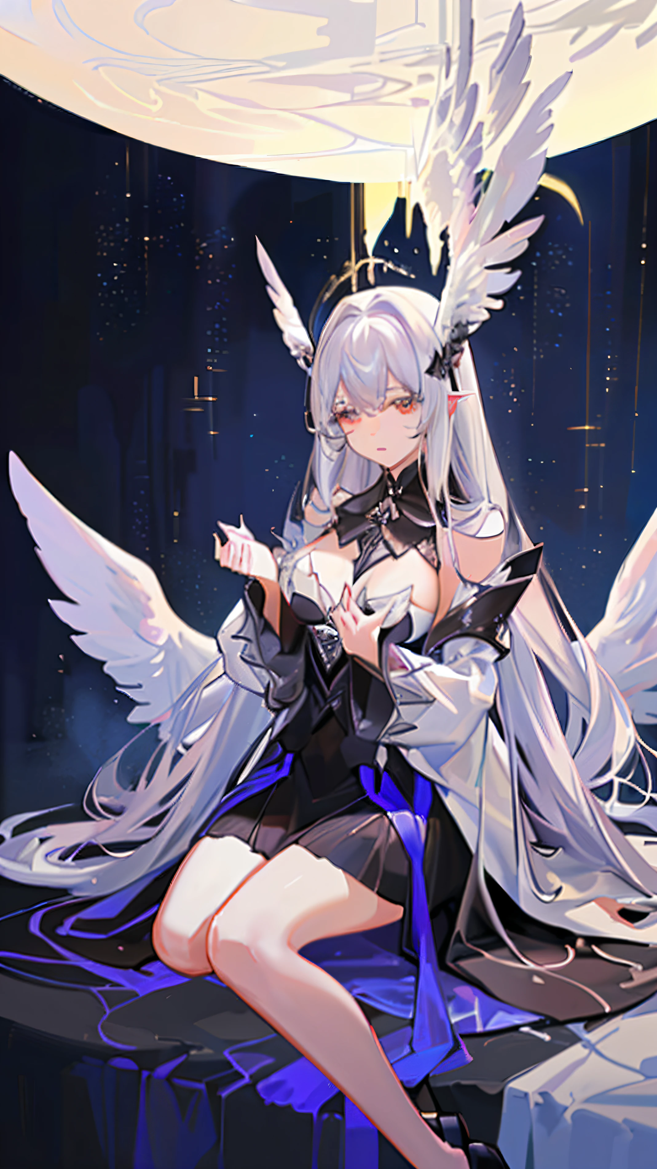 1girl in,offcial art, unity 8k wall paper, ultra - detailed, prettify、Aesthetic, tmasterpiece, top-quality, Photorealsitic, A female angel、one white winged、Silver armor、Helmet with feather decoration、Long steel spear、Glowing angel circle、Light magic、depth of fields, Fantastic atmosphere, calm color palette, Tranquil Mood, Soft Shading (zentangle、datura、Tangles、Tangles:0.7) abstract backgrounds、The most beautiful forms of chaos、ellegance、Dark theme designed by brutalists,huge tit