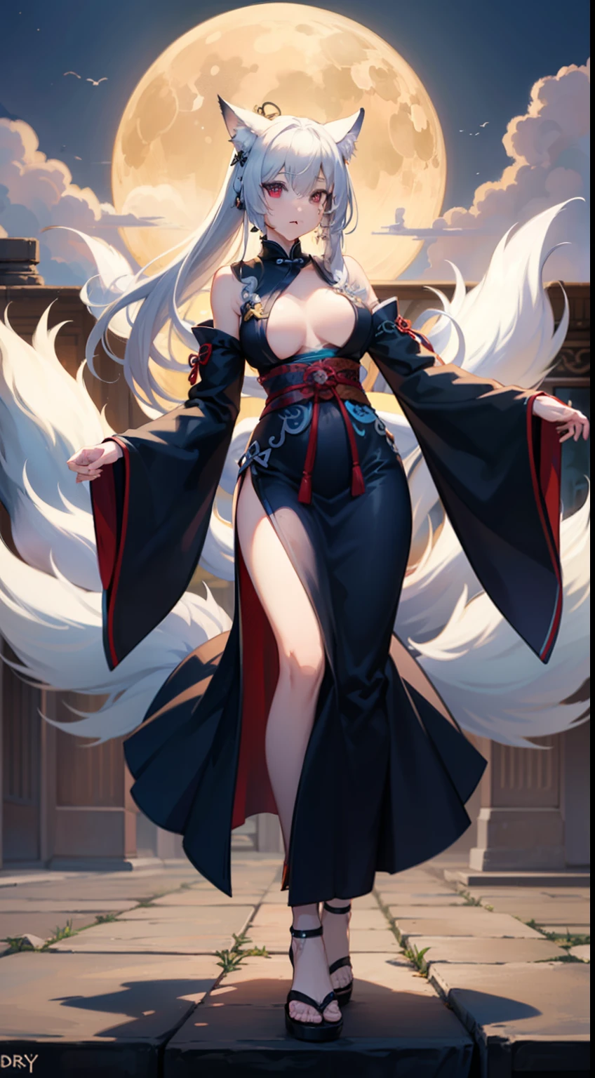 ((8K))、((32K))、((​masterpiece))、((top-quality))、((超A high resolution))、detailed skin textures、Detailed Cloth Texture、beautifull detailed face、detailed skin textures、intricate-detail、ultra-detailliert、CGSetsoty Trends、Meticulous Delicate Skin、beautiful character painting、Magnificent and exquisite character art、Stunning character art、perfectly proportions、Slim body、Full body、独奏、Anime - stylistic image of a woman dressed as a silver nine-tailed fox、Nine Tails、Nine Tails、multiple tails、Daji、Silver fox ears、silber hair、Long、beutiful breast、qipao dress、Black kimono with floral pattern、Long red hakama skirt、odd eye、One eye is indigo、One eye is crimson、Kung Fu Action Pose、Standing、a moon、a dark night、Moonlit、Female Kung Fu Master、Nine-Tailed Fox in anime, Full Body Majestic Nine-Tailed Fox、anime fantasy artwork、defined legs、Defined Arm、defined fingers