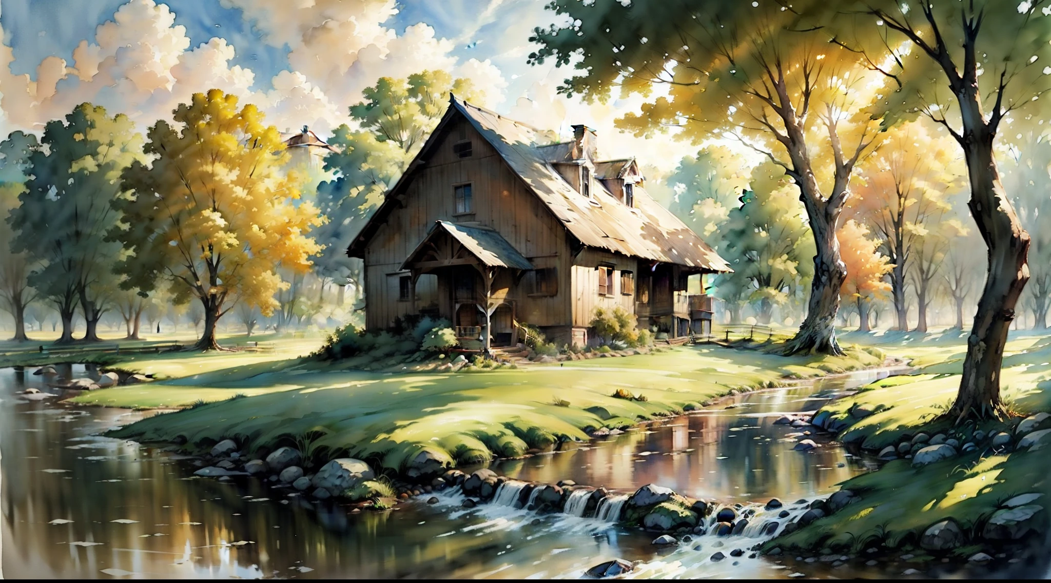 A farm house under the big tree beside the stream, Sunrise, dramatic soft light, watercolor painting, classic style, rich colors, brushstrokes, harmony color textures, expressive portraits, dynamic composition, capturing light and shadow, artistry, timeless beauty.